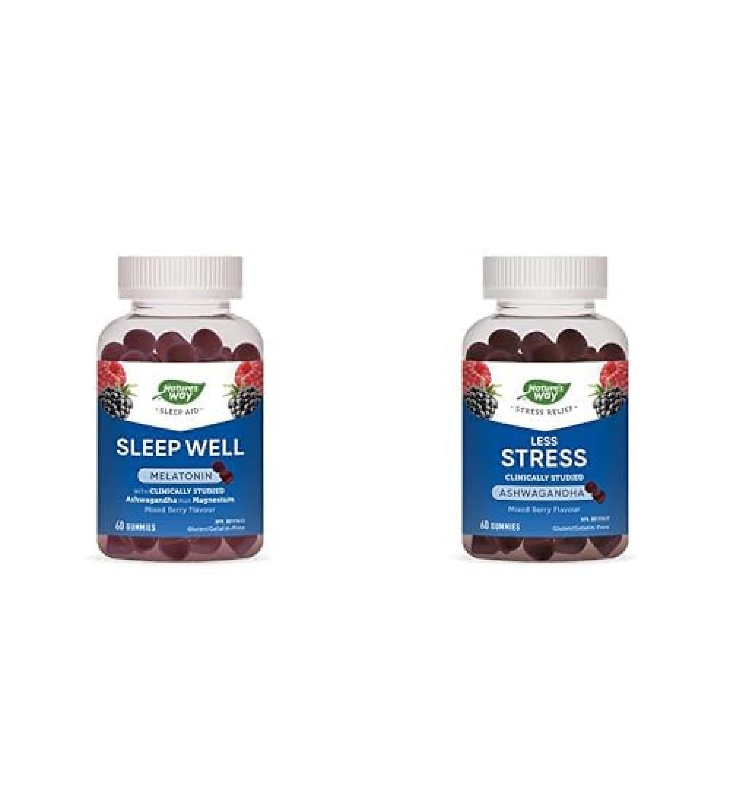 Nature's Way Sleep Well Gummies Sleep Aid & Jet Lag Support for Adults Natural Mixed Berry Flavour and Less Stress Gummies to Help Reduce Symptoms of Stress in Adults Natural Mixed Berry Flavour