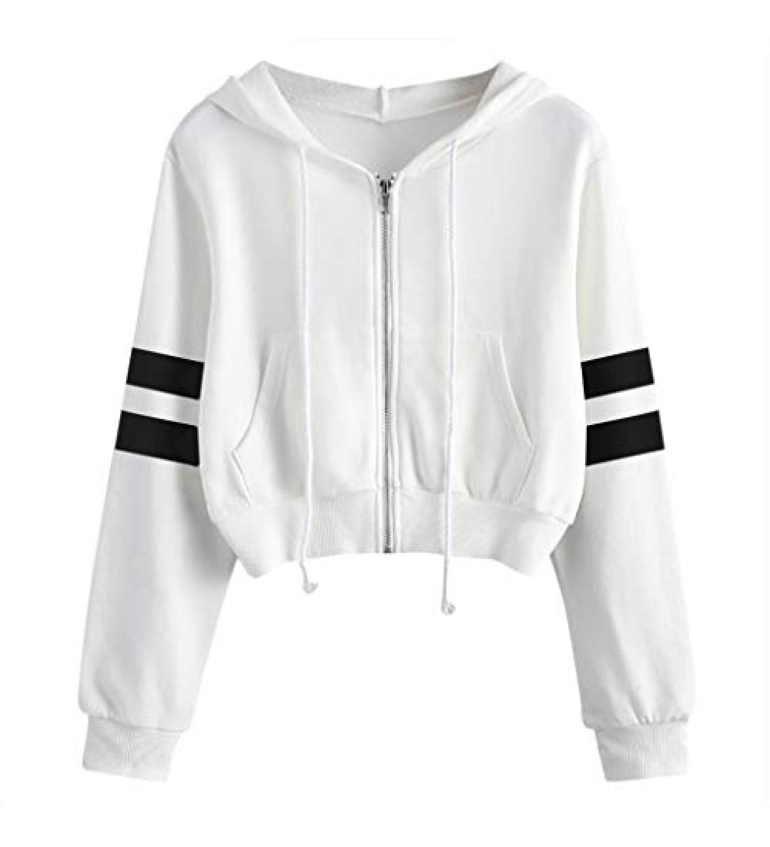 AMIMOJY Women's White Crop Sweatshirt with Zip Up and Pockets - Large - Buy Online on GoSupps.com