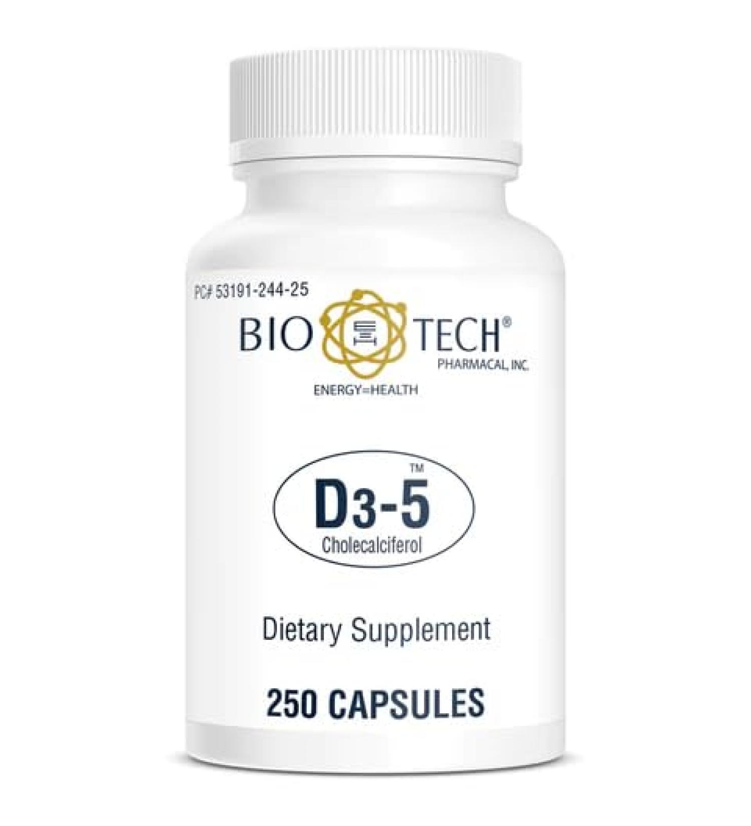 Bio-Tech Pharmacal D3-5 (5000 IU) 250 Capsules - All-Natural Vitamin D Supplement for Bone & Immune Health - Non-GMO, Dairy-Free, Gluten-Free, No Artificial Colors - Buy Online on GoSupps.com