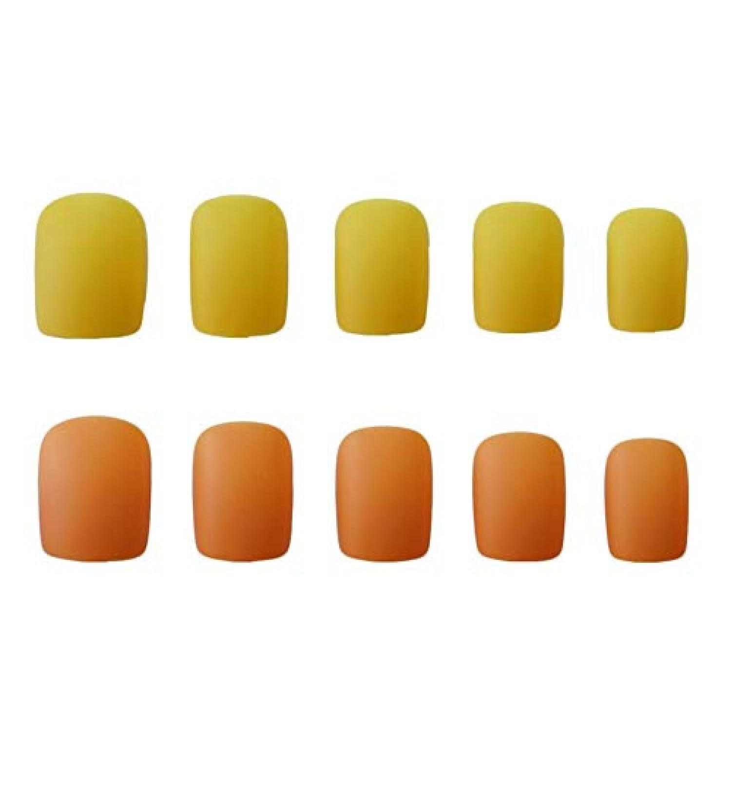 24pcs / set court mat faux ongles avec colle acrylique faux ongles pour les femmes Lady doigt ongles conseils couverture compl te Orange Yellow