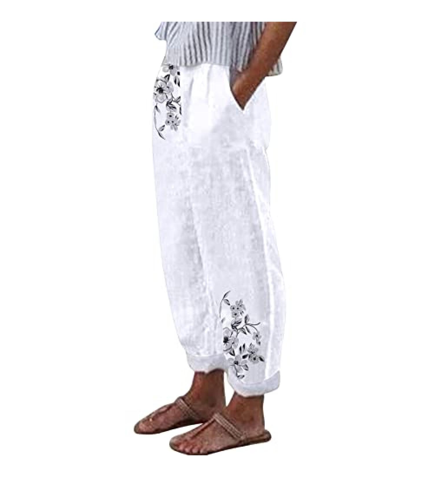 Gufesf Women's Summer Cropped Cotton Linen Capris Pants with Pockets - Plus Size Q2-White Large - Buy Online on GoSupps.com