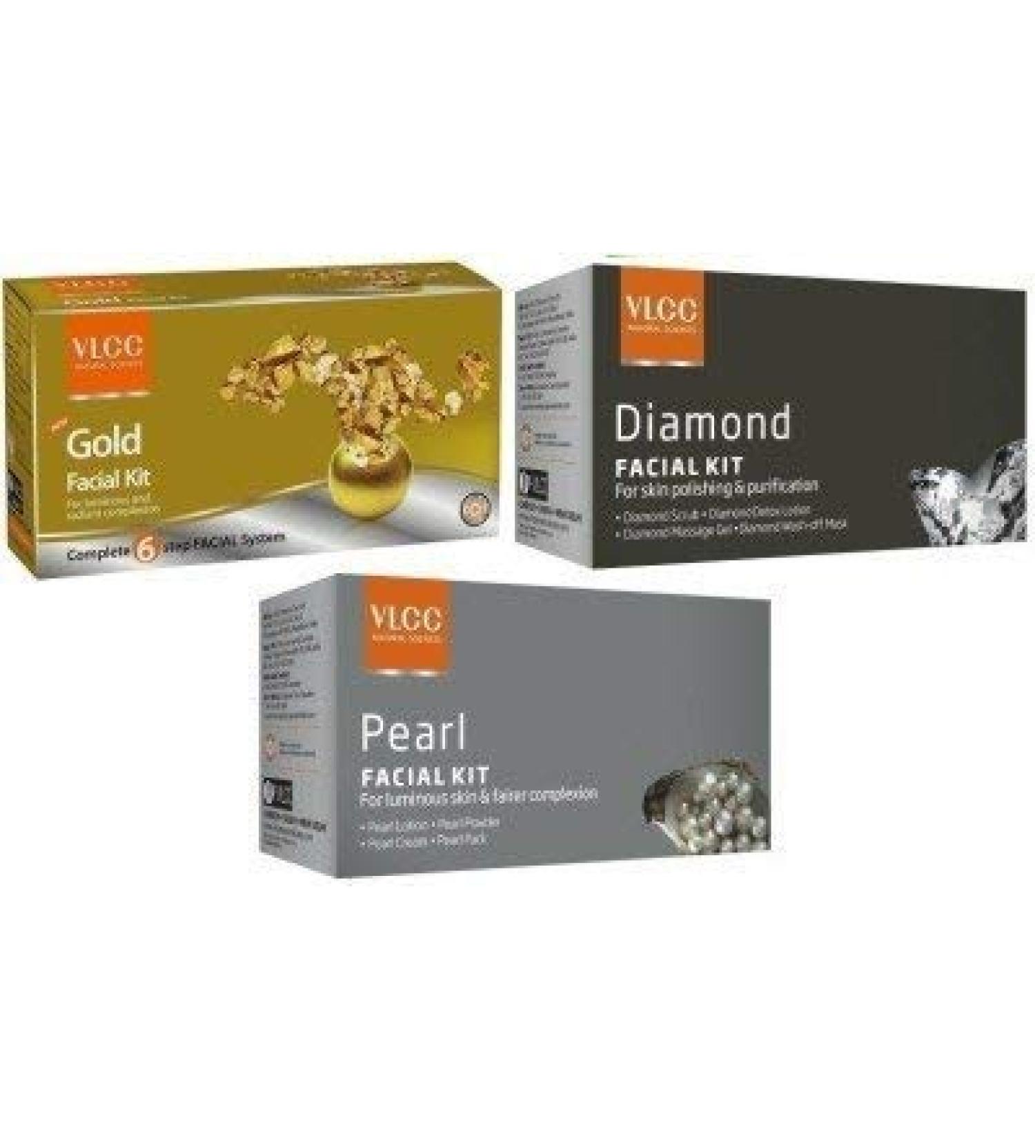 VLCC NATURAL COMBO OF 3 TYPES SINGLE FACIAL KITS GOLD DIAMOND PEARL