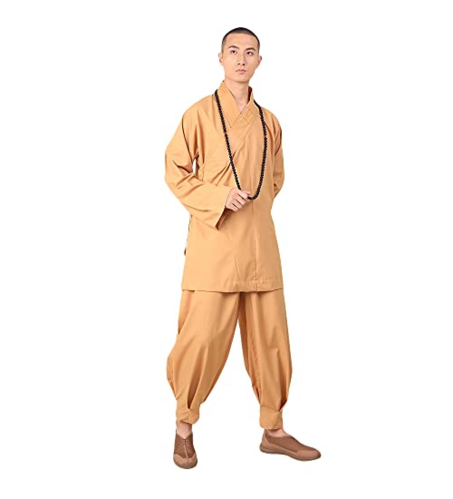 Men's Zen Meditation Clothing Monk Robe Outfit Uniform Martial Arts Kung Fu Shaolin Arhat Set Temple Clothes Shirt and Pant Beige X-Large