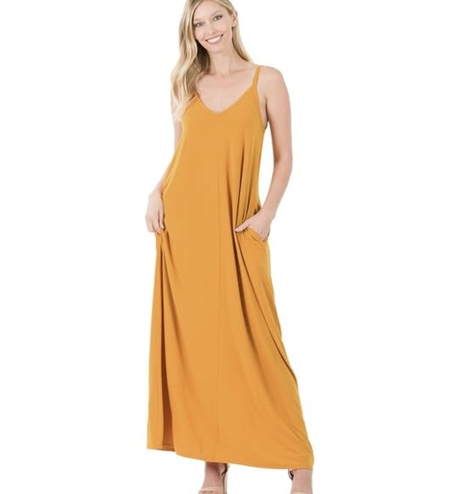 V-Neck CAMI Maxi Dress with Side Pockets Mustard M-L Mustard