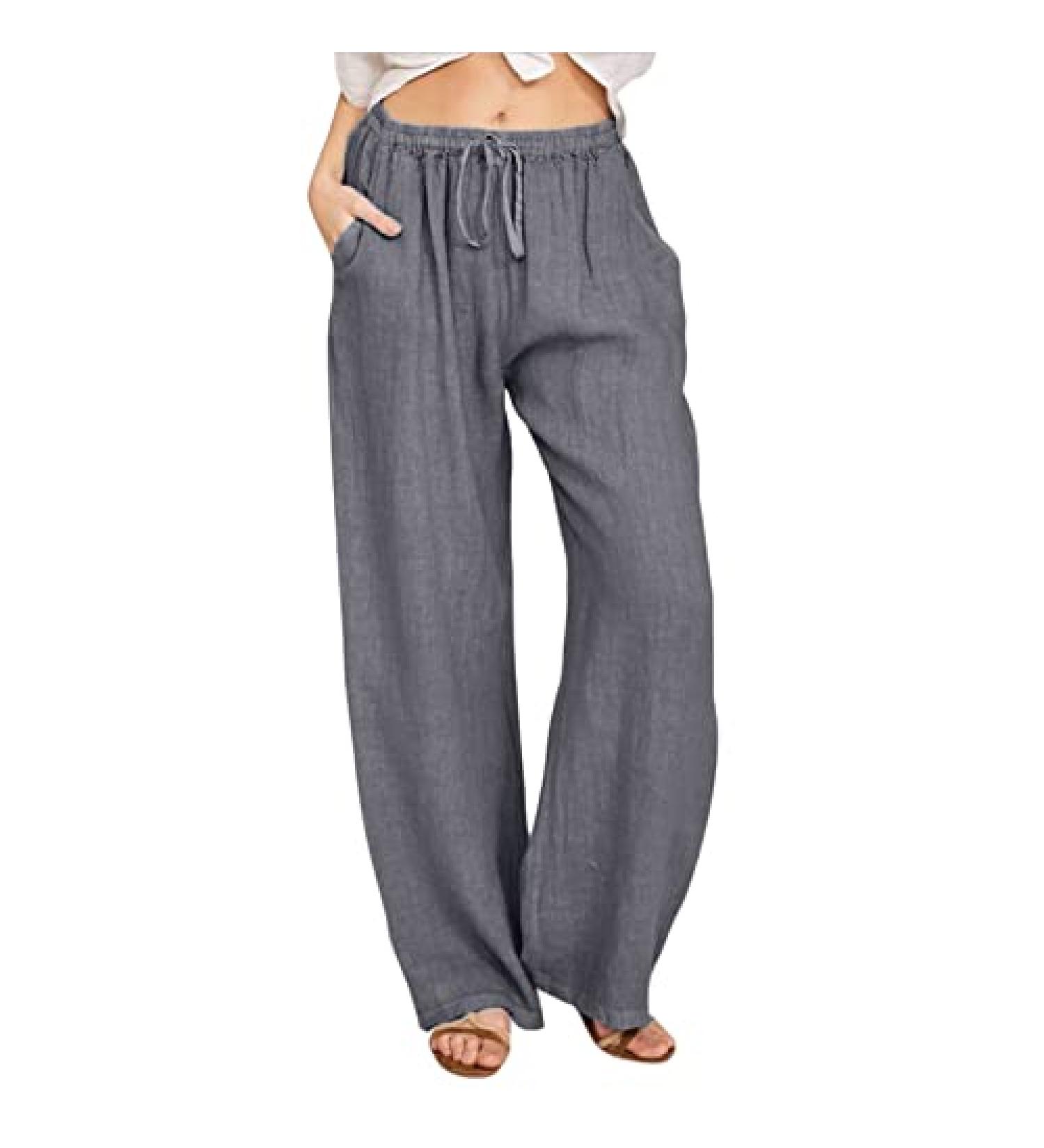 Gufesf Women's Cotton Linen Palazzo Pants - Grey XX-Large | Wide Leg Trousers with Pockets | Casual Summer Crop Pants - Buy Online on GoSupps.com