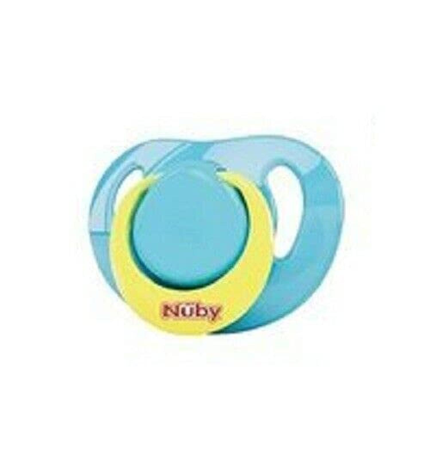 Nuby silicone pacifier orthodontic oval with bow ideal for babies from 0 to 6 months blue and yellow