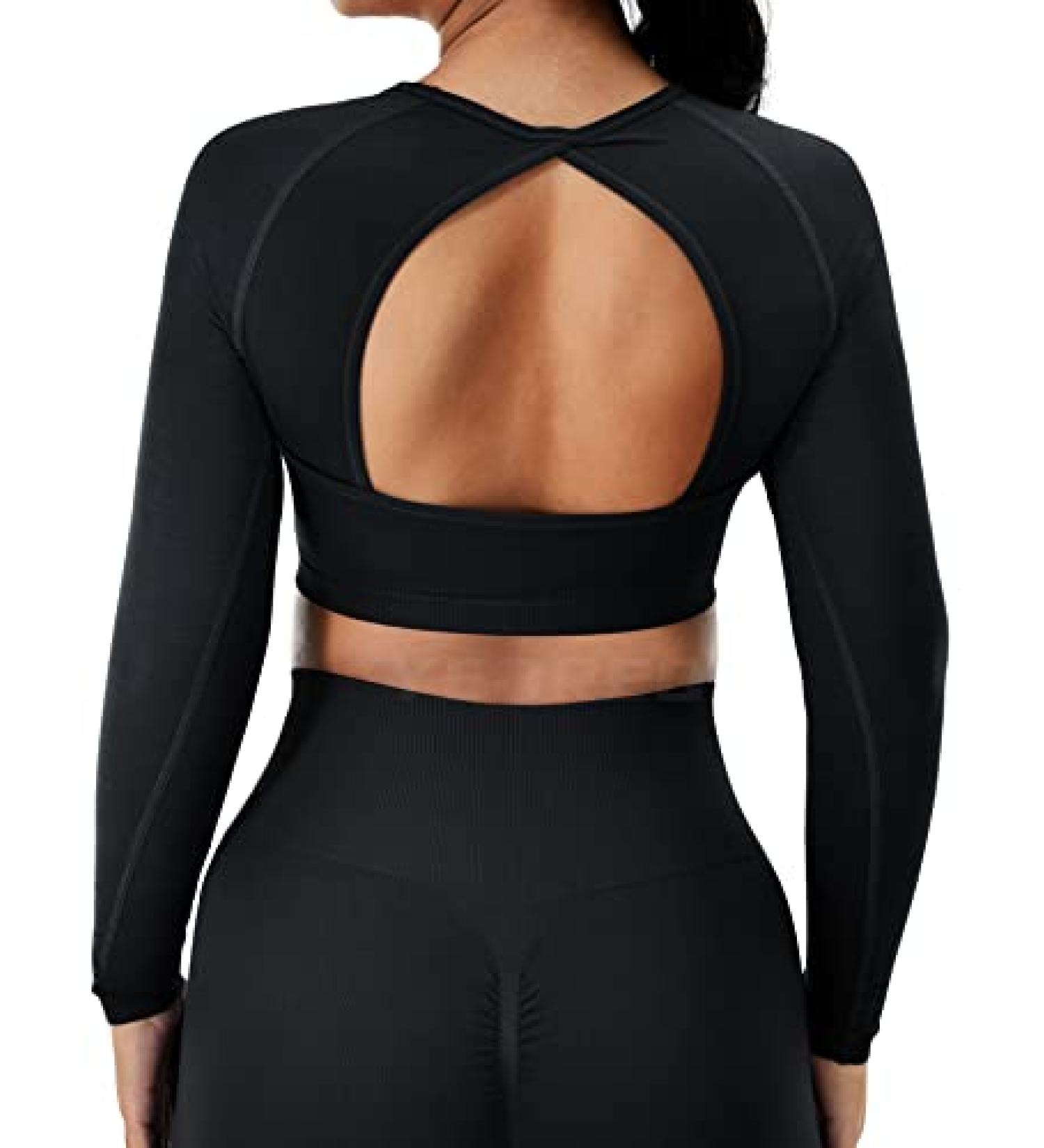 YEOREO Seamless Long Sleeve Crop Gym Shirt for Women - Black, Small (Open Back Design) - Buy Online on GoSupps.com
