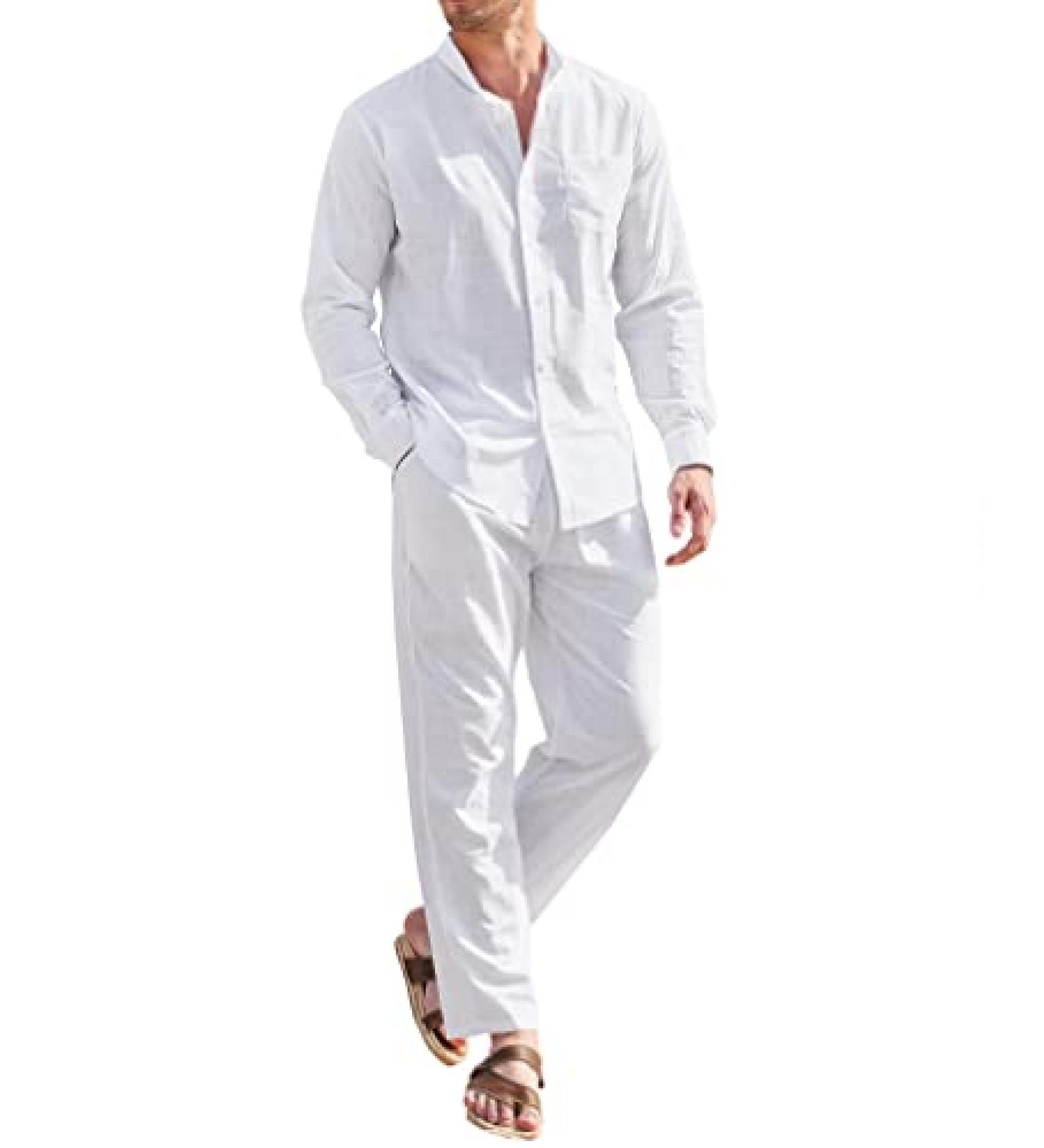 COOFANDY Men's 2-Piece Linen Set: Button Down Shirt & Drawstring Waist Pants - A-white, XX-Large - Buy Online on GoSupps.com