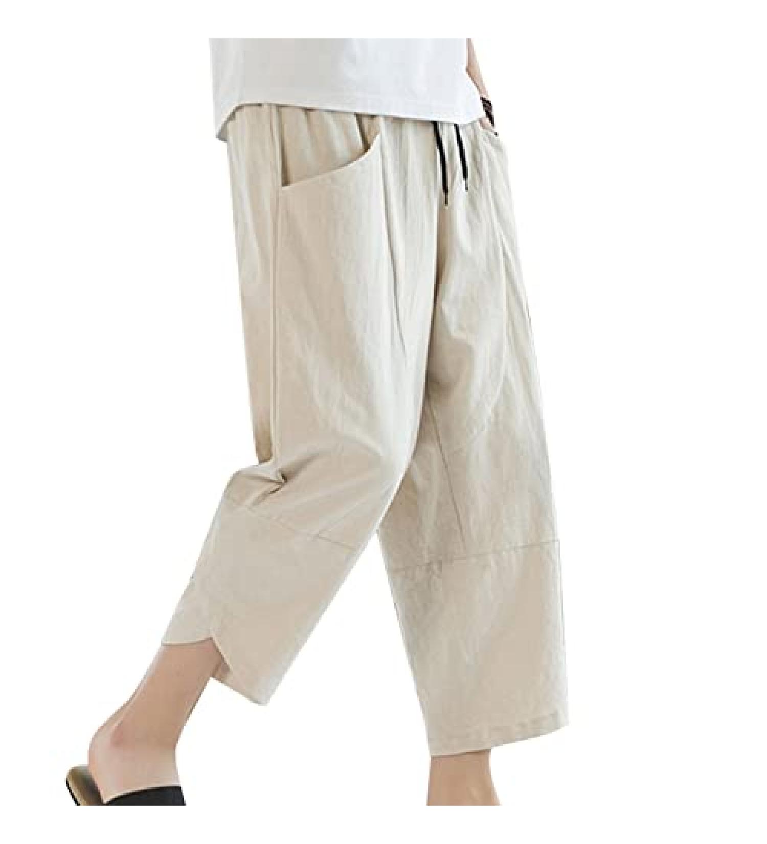 Men's Cotton Linen Yoga Pants with Pockets - Stylish Print Drawstring Sweatpants for Workouts and Lounging | White XL - Buy Online on GoSupps.com