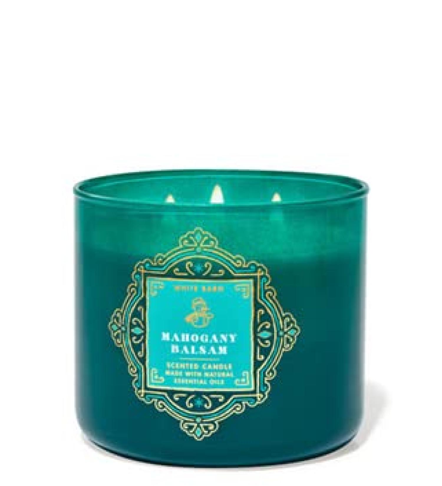 Bath & Body Works White Barn 3-Wick Candle w/Essential Oils - 14.5 oz - 2021 Christmas & Winter Scents! (Mahogany Balsam)