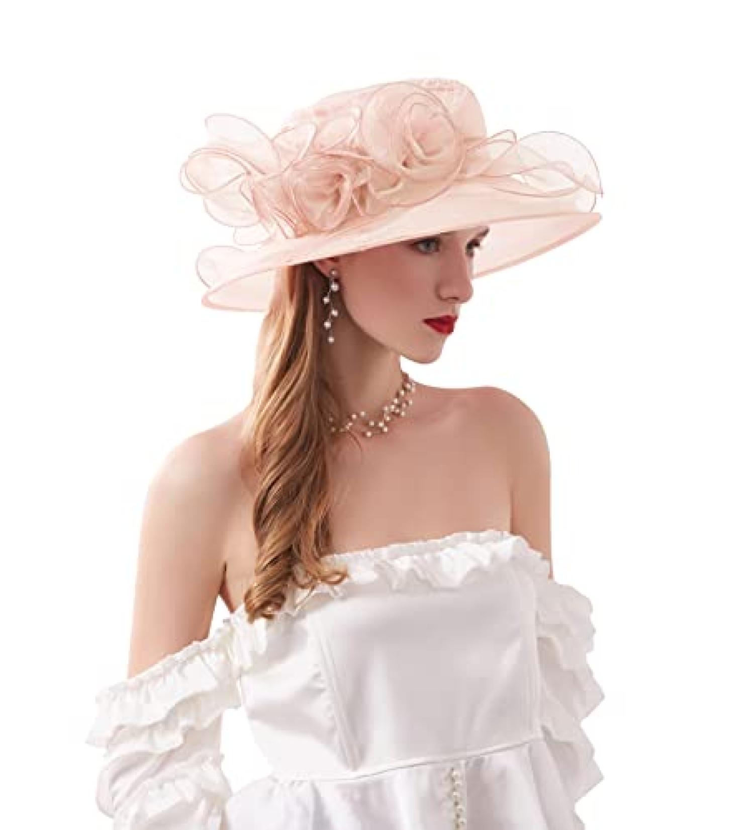 RZTA Women's Kentucky Derby Church Dress Hat - Wide Brim Leaf Flower Bridal Shower Hat in Light Pink - Buy Online on GoSupps.com