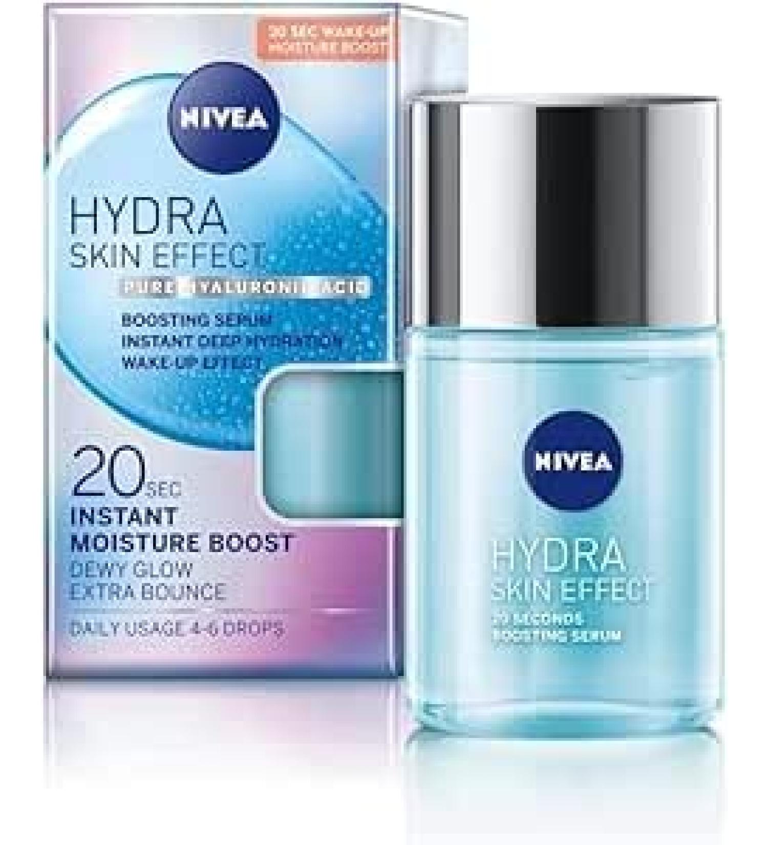 NIVEA Hydra Skin Effect Hyaluronic Acid Serum (100ml), lightweight facial serum provides intense 72h hydration for plump, radiant skin. Fast absorption in 20 seconds