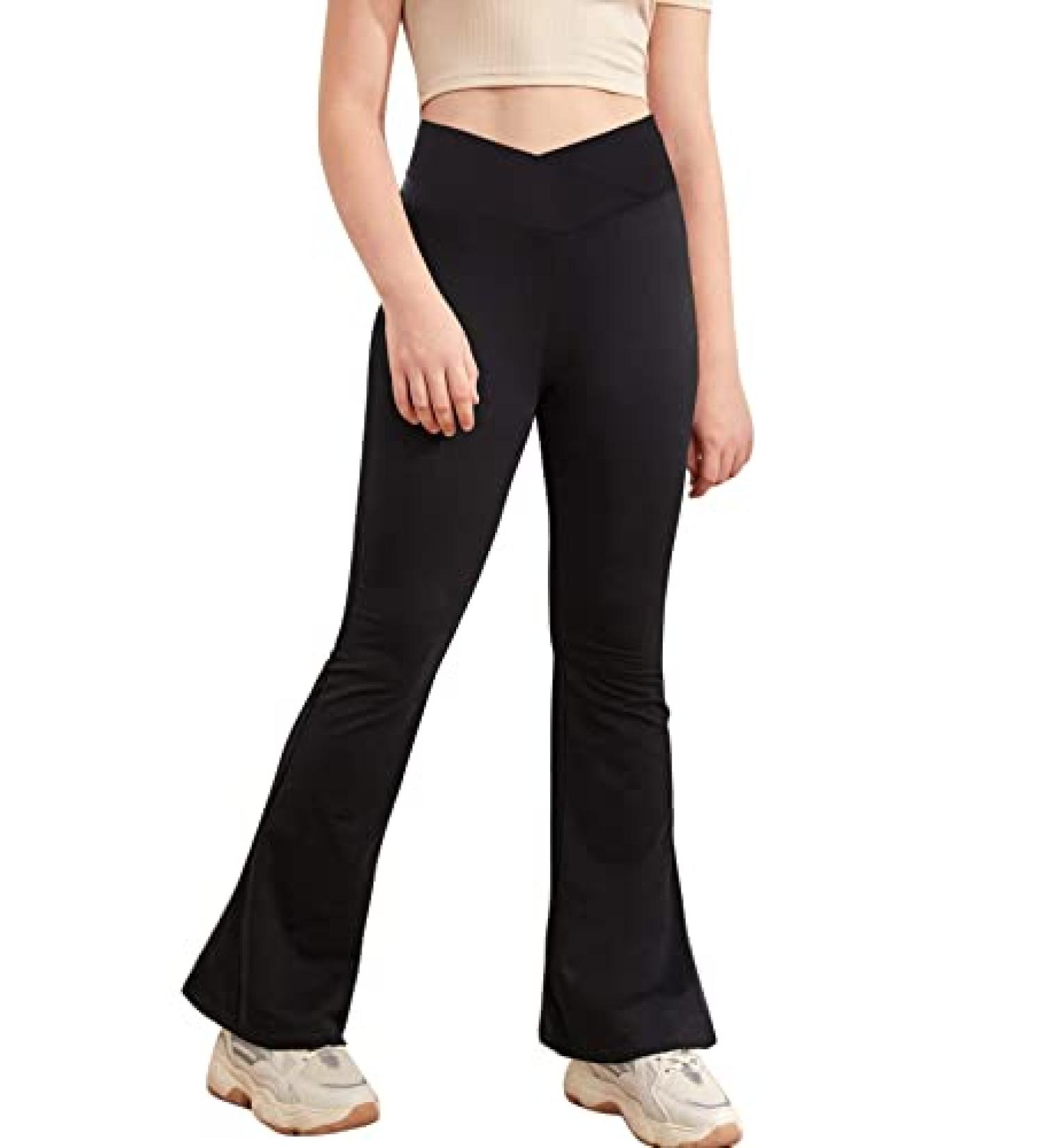 Girls Cross High Waisted Flare Yoga Pants - Black, Size 11-12 Years | Full Length Bell Bottom Leggings - Buy Online on GoSupps.com