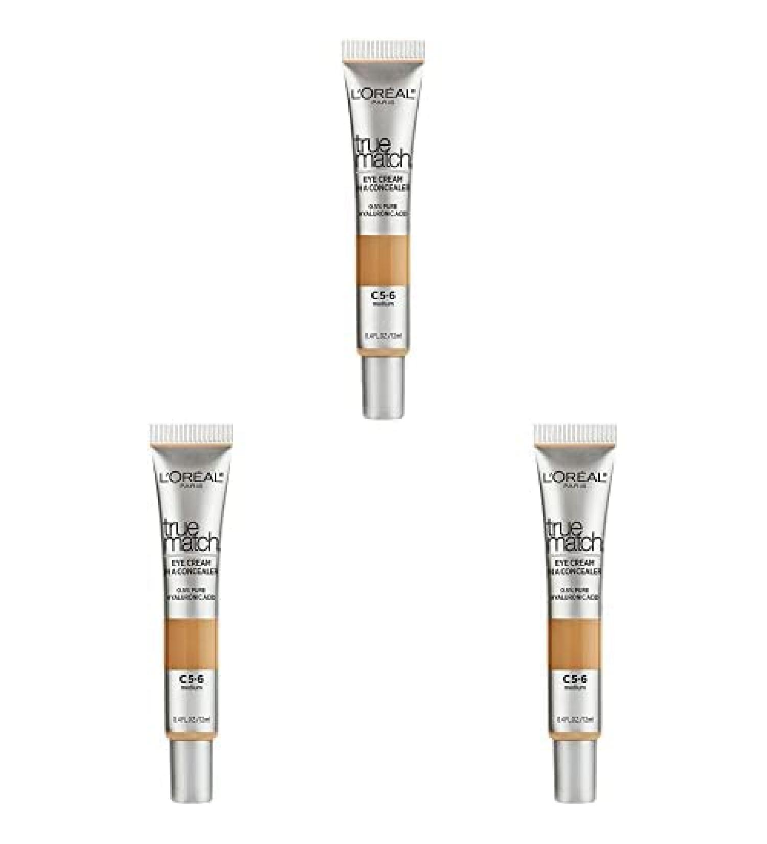 L'Oreal Paris True Match Eye Cream Concealer with Hyaluronic Acid Medium C5-6 0.4 fl. Oz (Pack of 3) - Buy Online on GoSupps.com