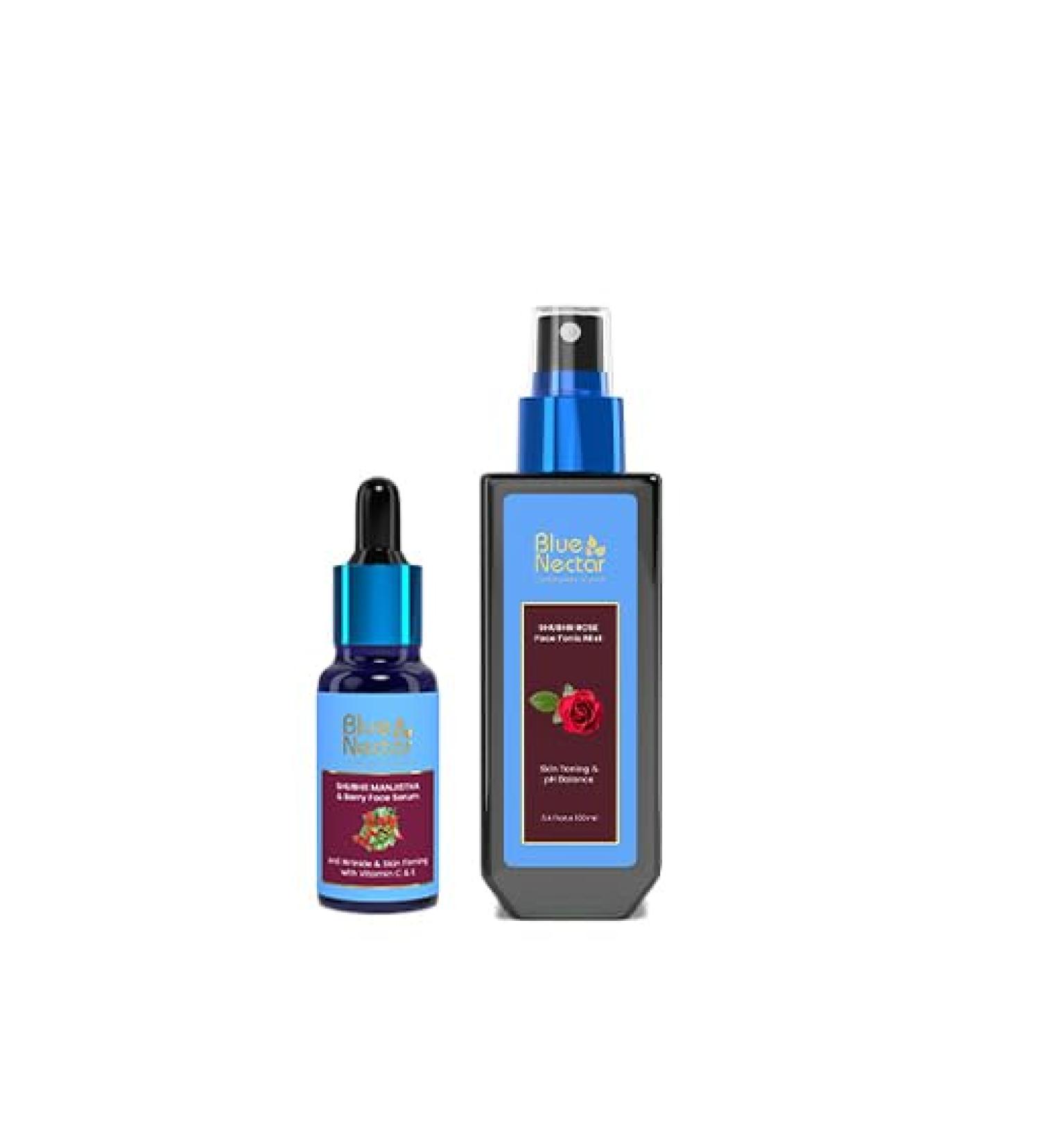 Blue Nectar Manjistha Vitamin C Face Serum for Anti Wrinkle & Skin Firming (1FlOz) with Natural Rose Face Toner for Glowing Skin & Pore Tightening(3.38Fl Oz) - Buy Online on GoSupps.com