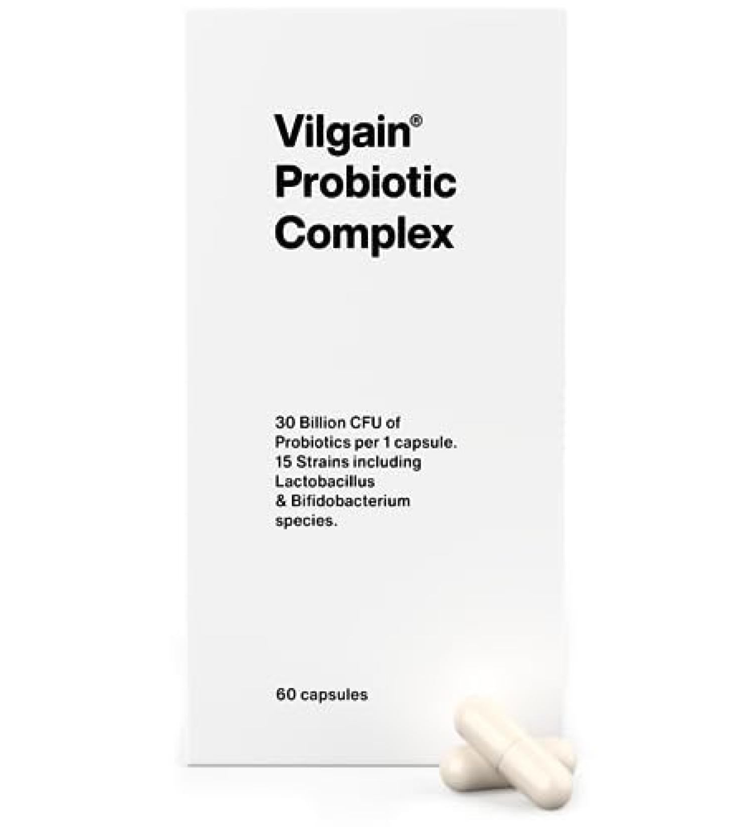 Vilgain Probiotic Complex - 2 Months Supply | 30 Billion Cultures 15 Strains for Gut Health Immune Support & Mental Well-being - 60 Capsules - Buy Online on GoSupps.com