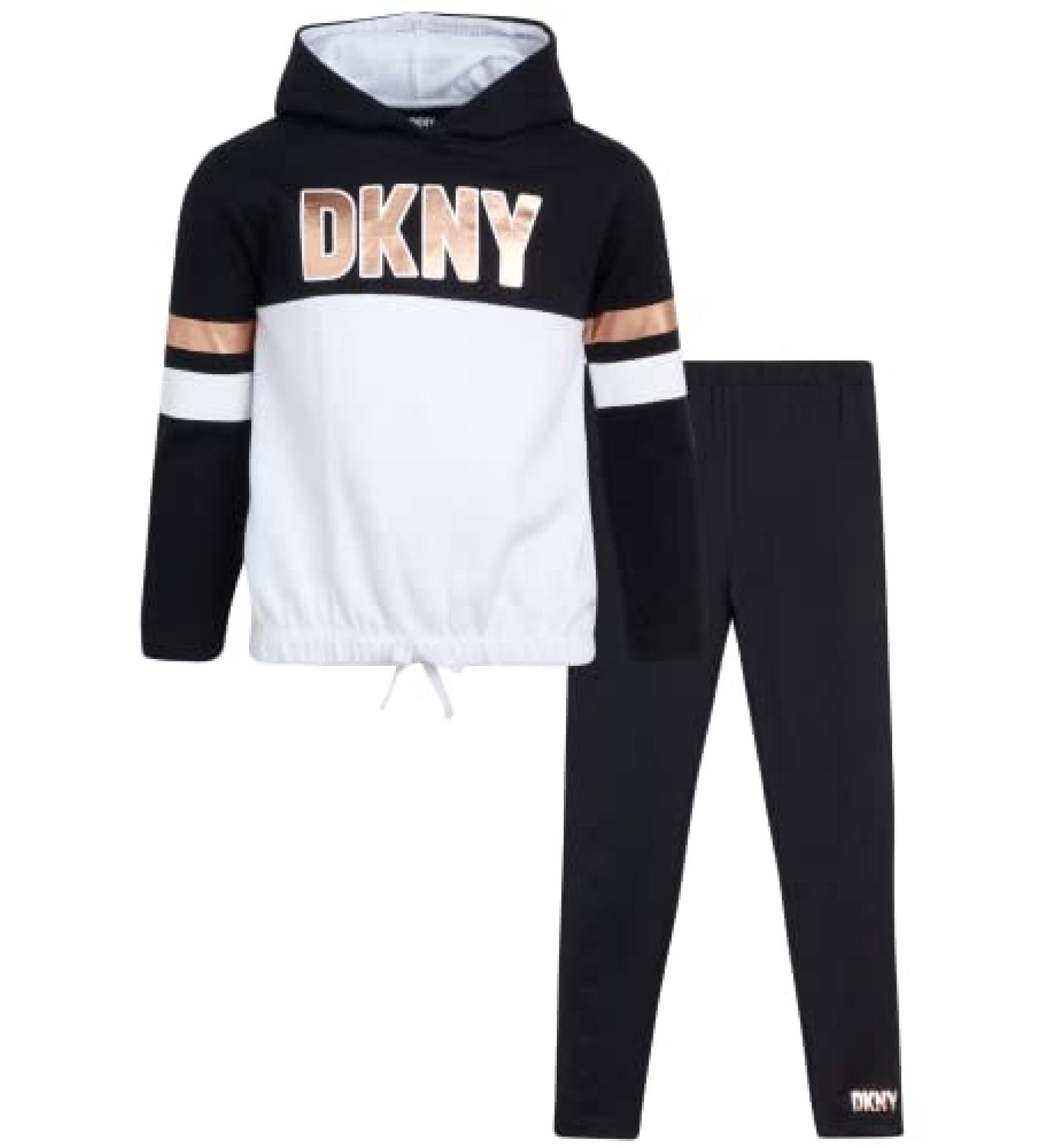 DKNY Girls' 2-Piece Fleece Pullover Sweatshirt & Stretch Leggings Set, Black/White - Size 7 - Buy Online on GoSupps.com
