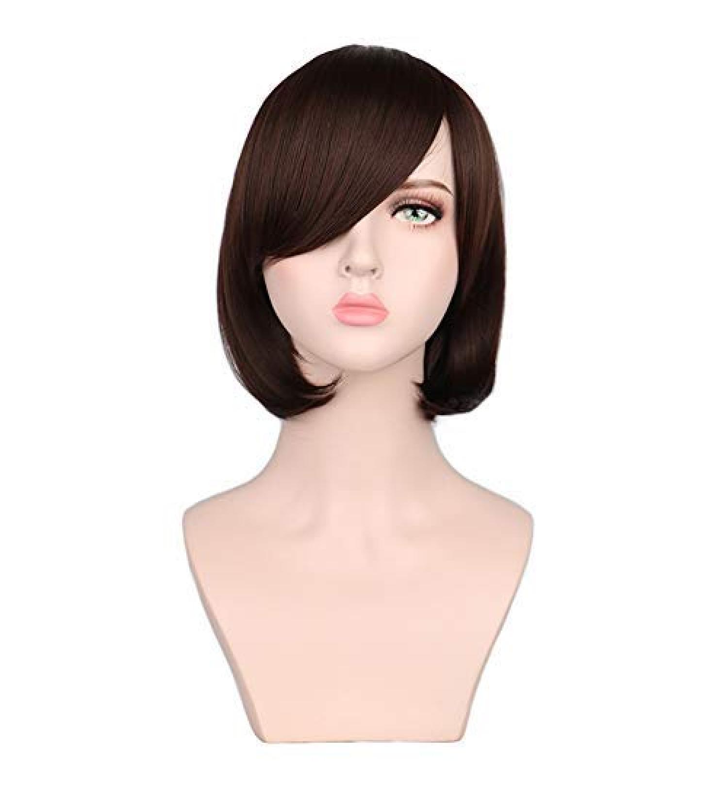 LFMD Short Straight Women Girls Natrual Black Light Brown Dark Brown Heat Resistant Synthetic Hair Wigs 12 Inches Dark Brown Dark Brown