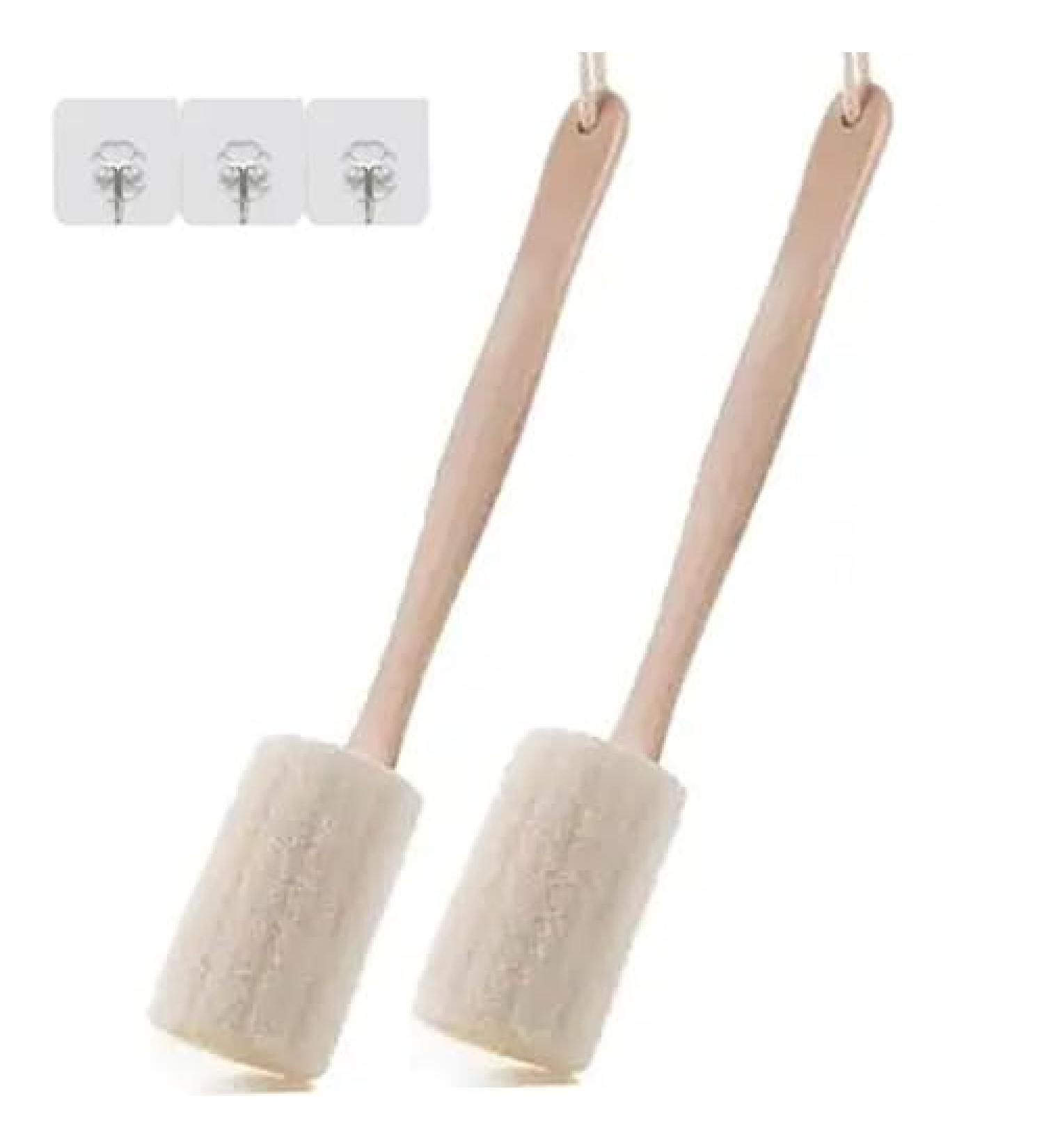 Natural Exfoliating Loofah Brush Stick Set - Long Wooden Handle Back Brush for Men & Women - 2 Pieces + Free Wall Hooks - Buy Online on GoSupps.com
