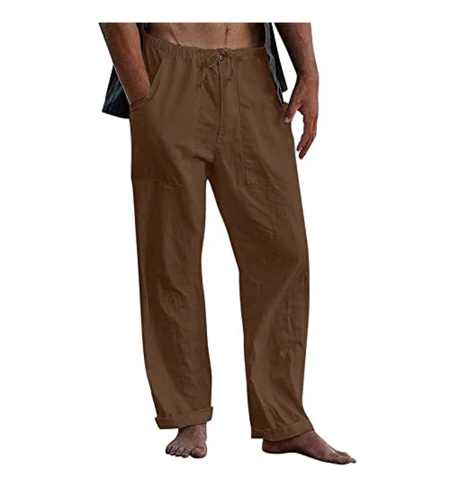 Angbater Men's Casual Linen Pants Yoga Beach Loose Fit Sweatpants Elastic Waist Drawstring Baggy Trousers with Pockets Brown Medium