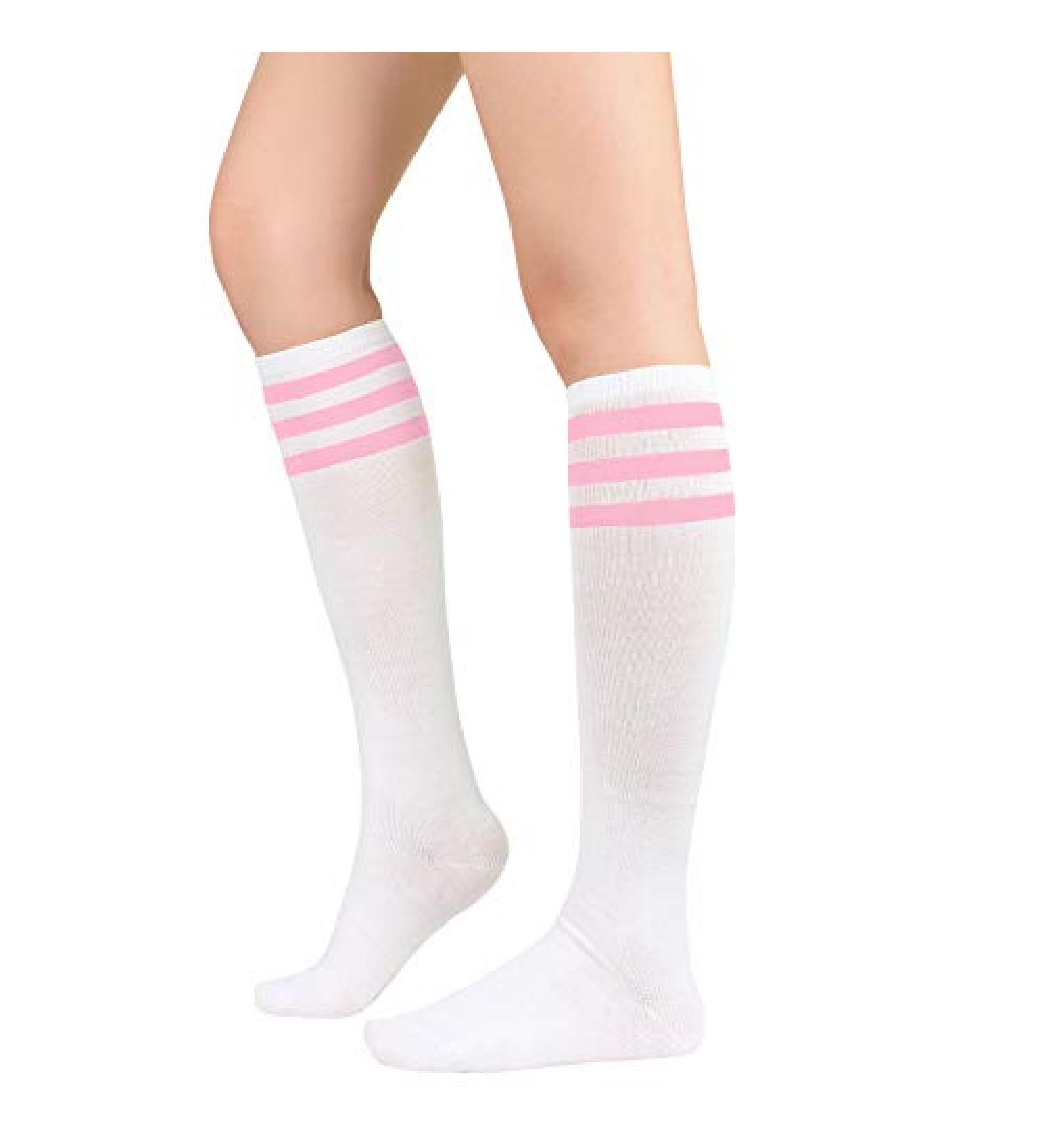 Womens Athletic Thigh High Tube Socks - Casual Stripes Design - One Size, 1 Pack (White/Pink) - Buy Online on GoSupps.com