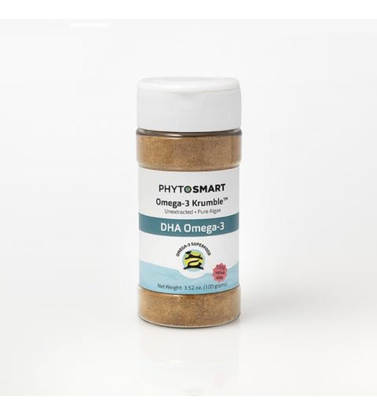 PhytoSmart Omega-3 Krumble DHA for Pets in 100 Gram Shaker Top Jar. Pure Un-extracted Marine Micro-Algae Provides Pets Complete Whole Food derived Essential Fatty Acids for Total Body Support. - Buy Online on GoSupps.com