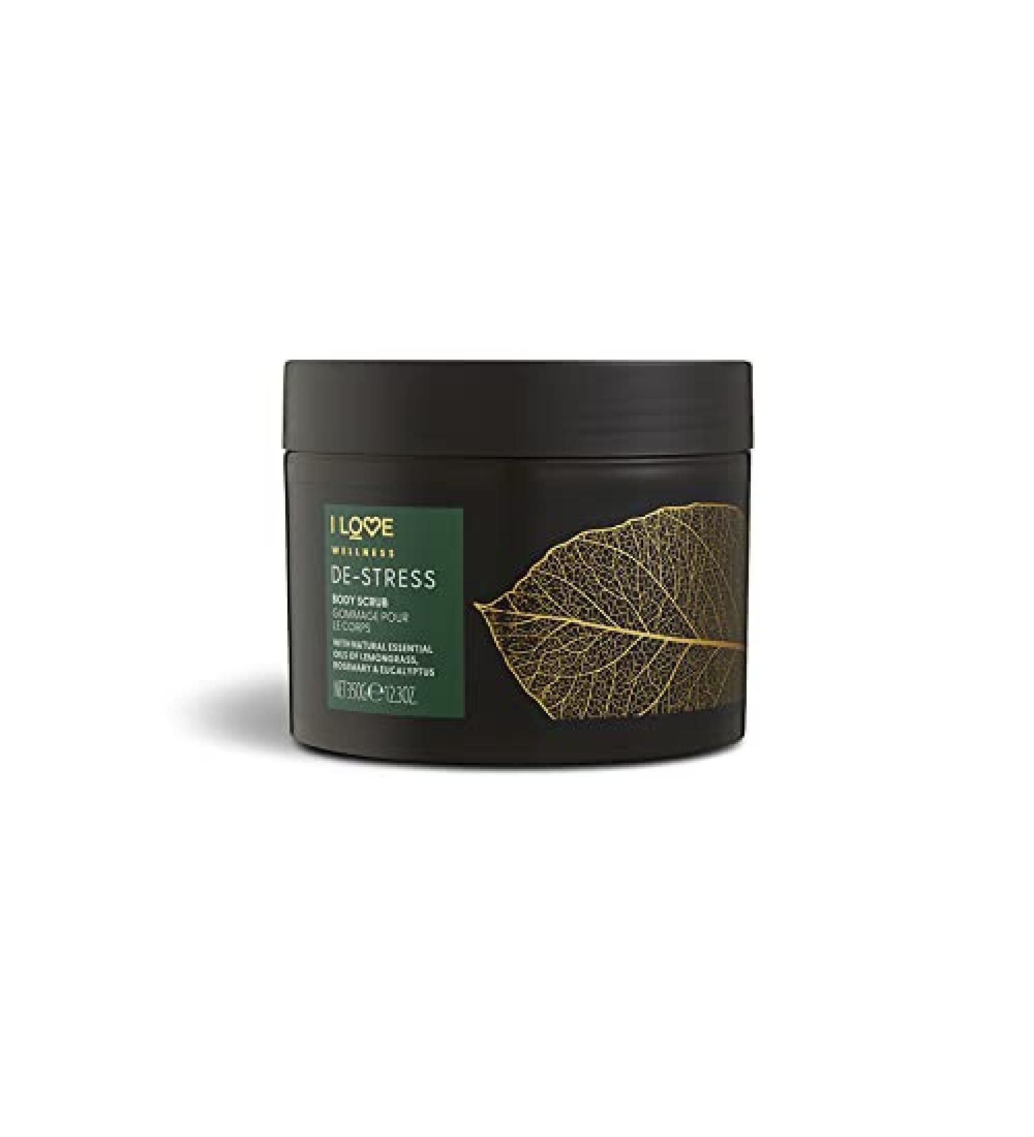 I Love Wellness De-Stress Body Scrub - Natural Essential Oils of Lemongrass Rosemary & Eucalyptus Vegan Exfoliator for Clear Skin - 350G - Buy Online on GoSupps.com