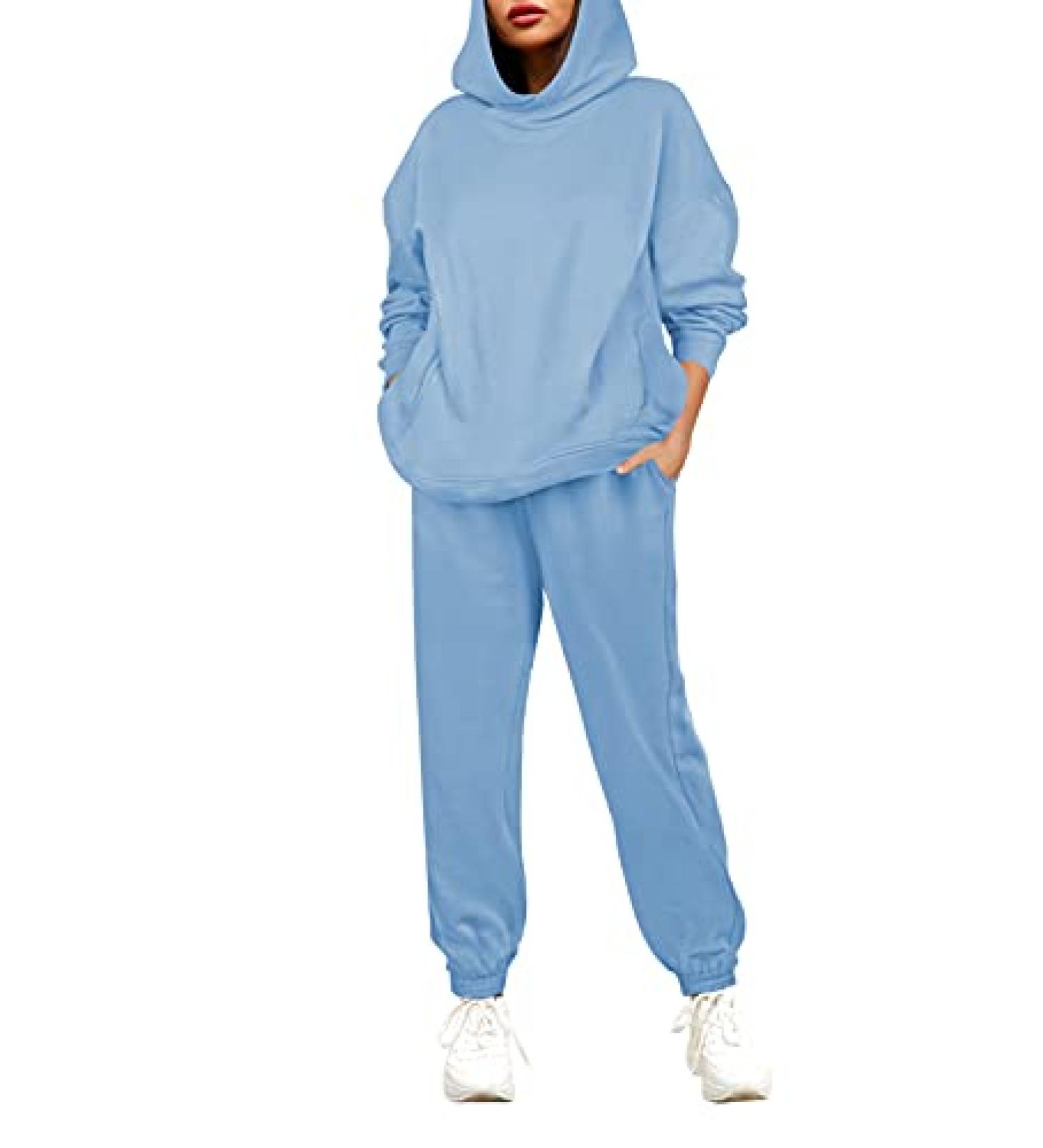 Fixmatti Women Hoodies Tracksuit Set - Blue, Large | Sweatshirt Jogger Pant 2 Piece Outfit - Buy Online on GoSupps.com
