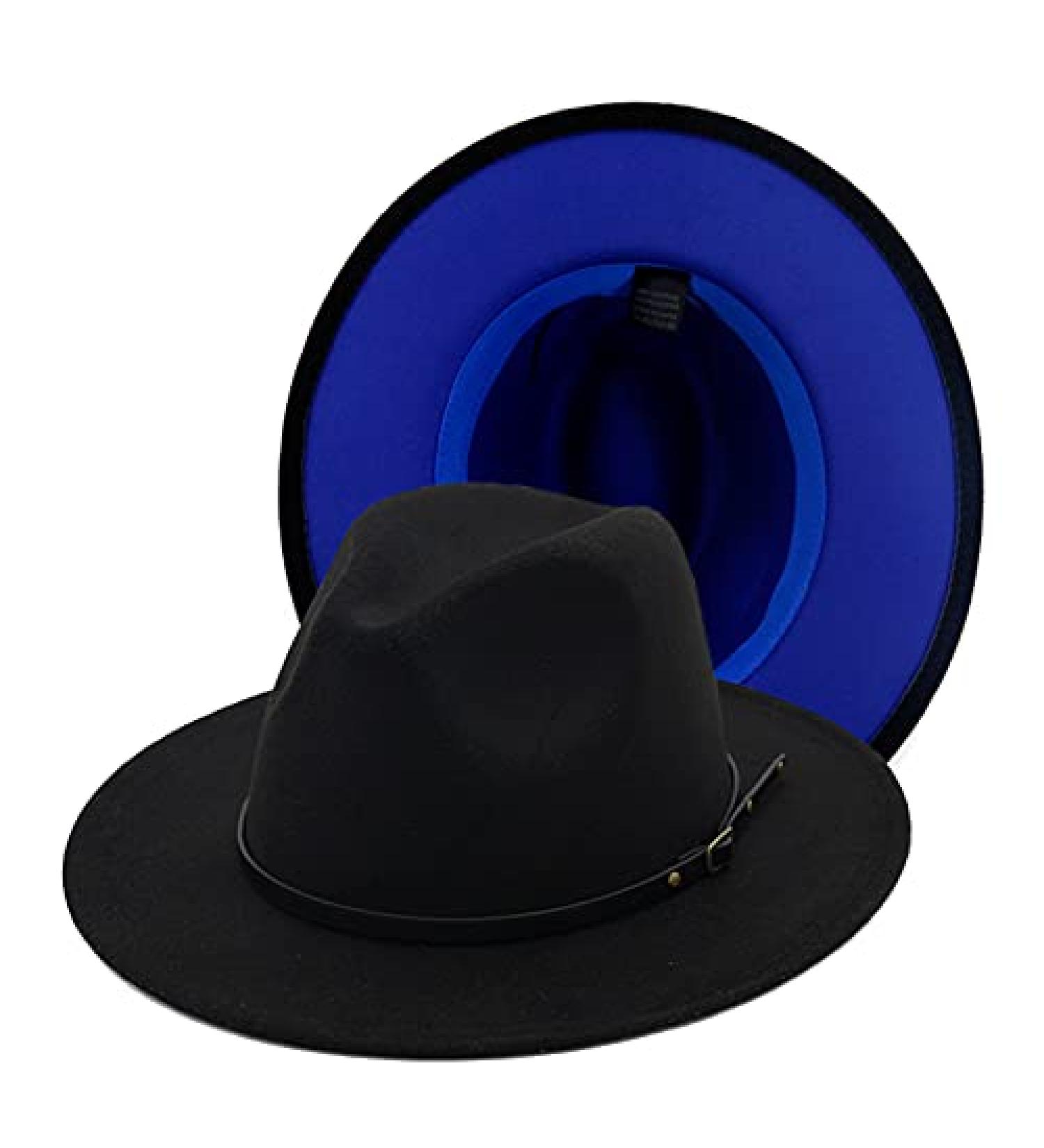 Gossifan Two Tone Fedora Hat for Women - Wide Brim Felt Panama Hat with Belt Buckle in Black/Royal Blue - Buy Online on GoSupps.com