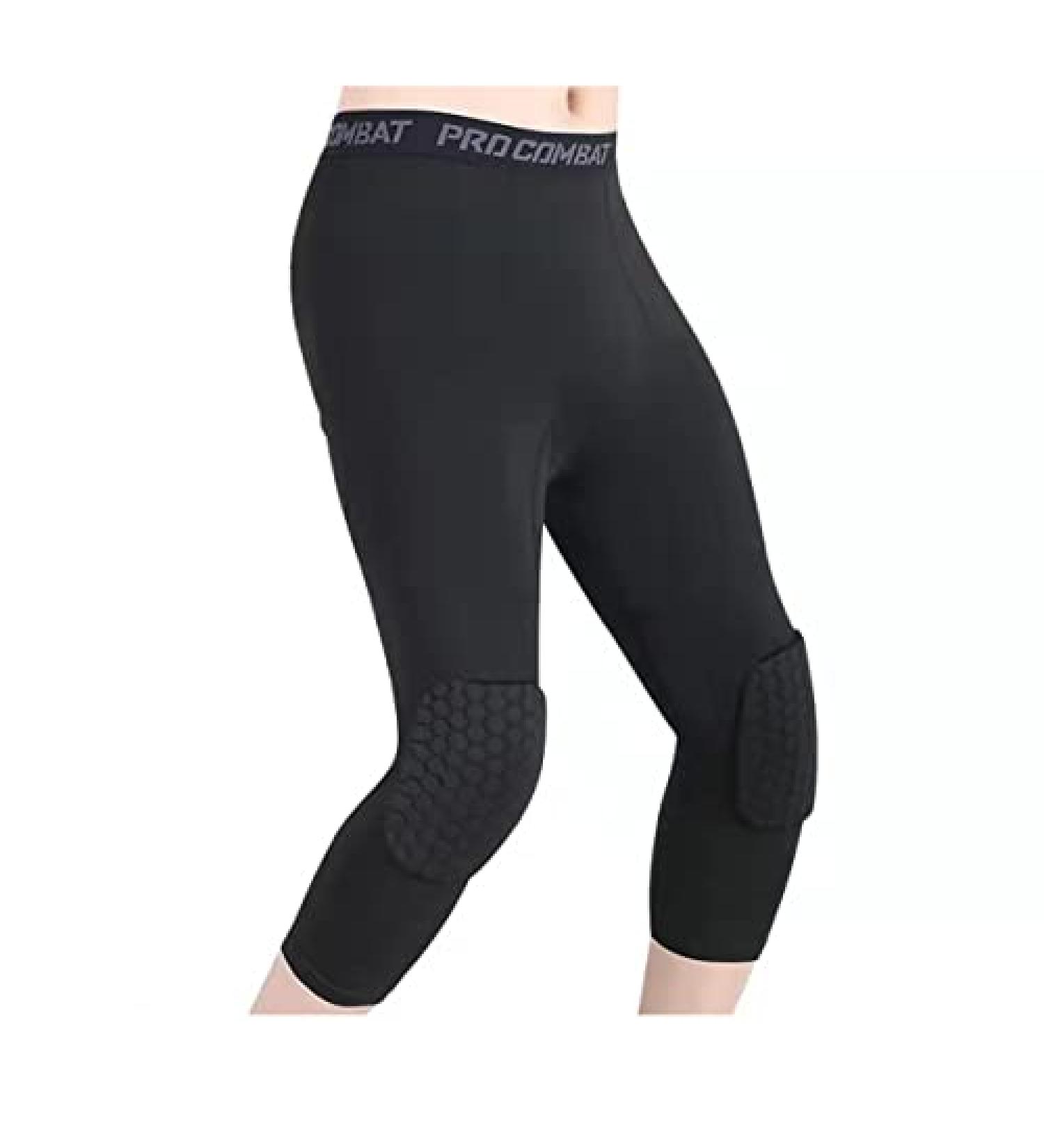 Basketball Pants with Knee Pads 3/4 Compression Leggings Capri Tights Black Large