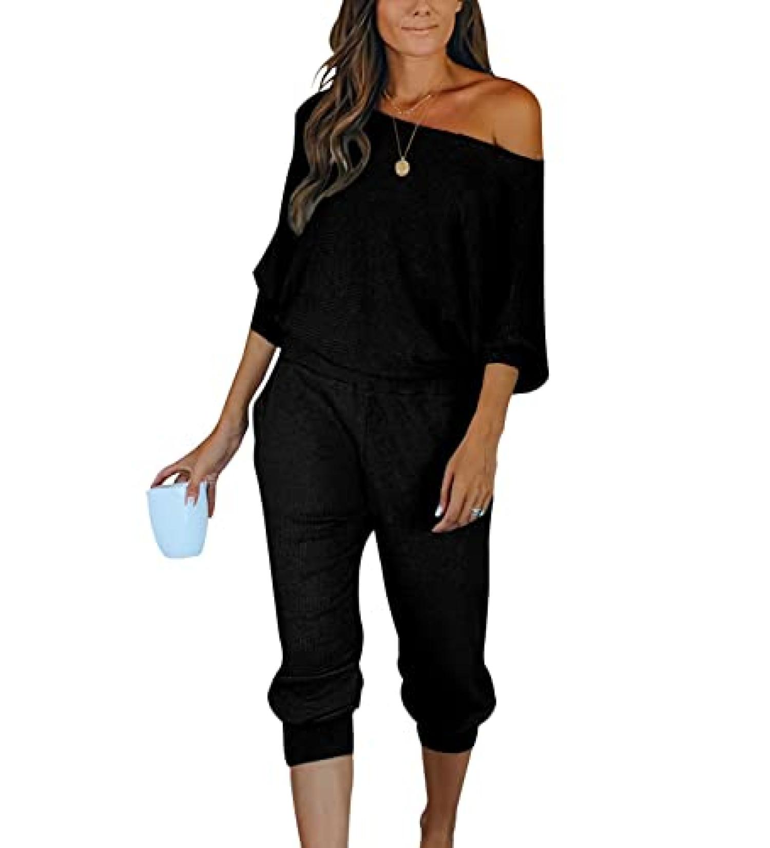 PRETTYGARDEN Women's Ribbed Off Shoulder Tracksuit Set - Black, Large - Buy Online on GoSupps.com