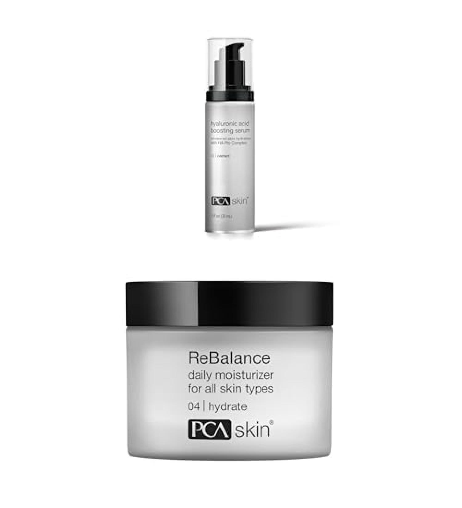 Bundle of PCA SKIN Hyaluronic Acid Boosting Serum 1oz Niacinamide Ceramides 24h Moisture + PCA SKIN ReBalance Moisturizer 1.7oz. Daily Creamy for Sensitive & Dry Skin Reduces Fine Lines)