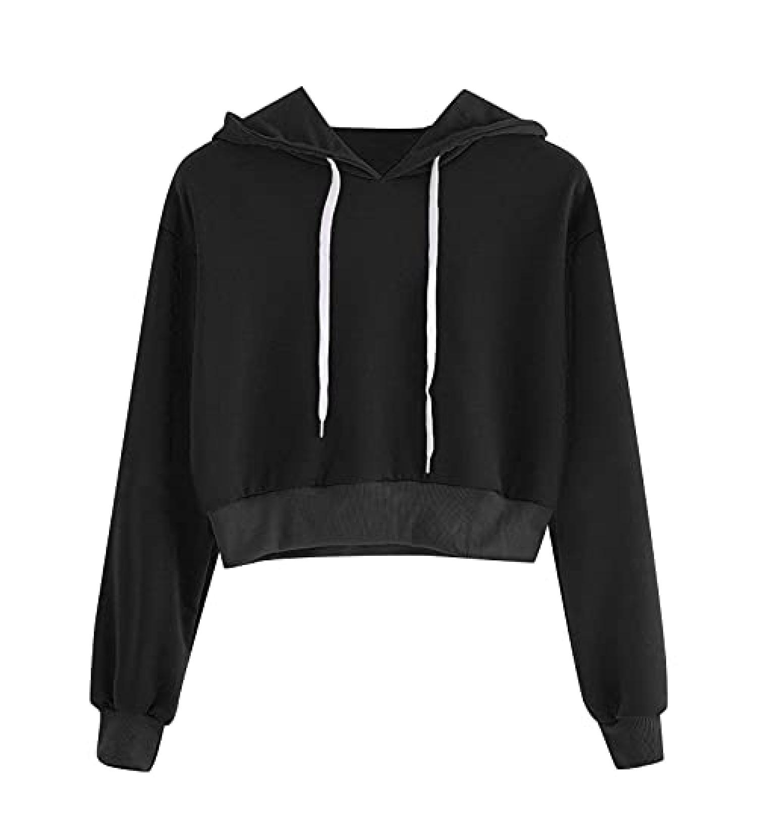 Women's Black Long Sleeve Drawstring Crop Hoodie Large Buy Now