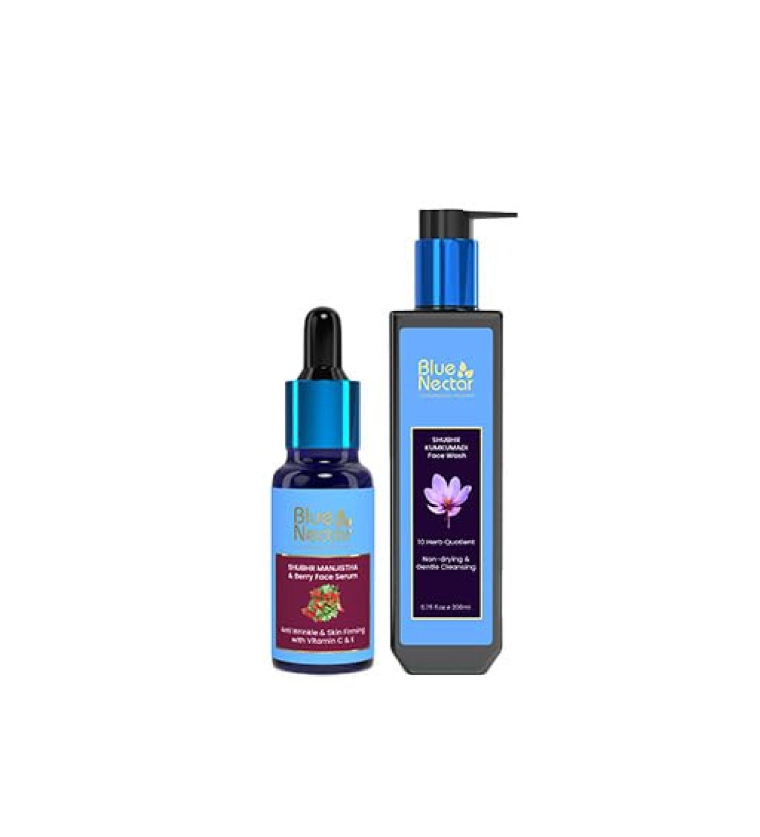 Blue Nectar Manjistha Vitamin C Face Serum for Anti Wrinkle & Skin Firming (1FlOz) with Kumkumadi Face Wash with with Saffron for Women & Men (3.38 Fl Oz) - Buy Online on GoSupps.com