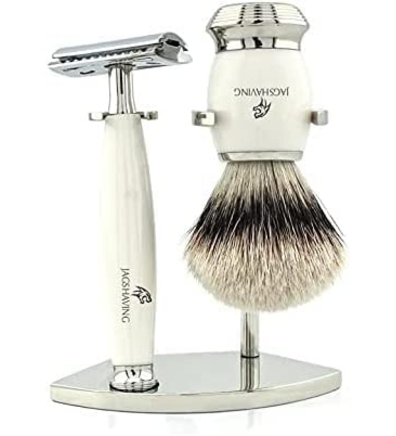 Jag Shaving 3-Edge Shaving Set | Red Badger Hair Brush & Stainless Steel Stand | Premium International Shipping - Buy Online on GoSupps.com