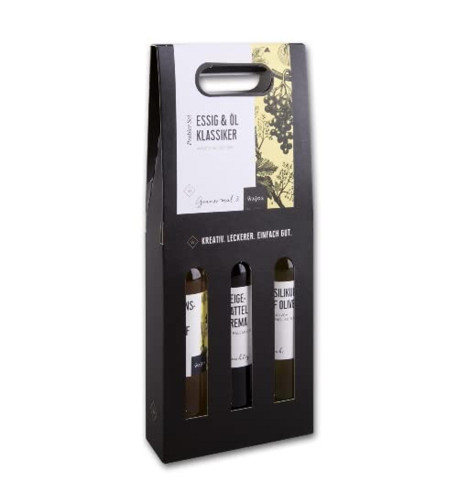 3 gift set vinegar and oil specialties |Wajos |Peach maracuja crema |DATTLE - Feigen crema |Basil on olive oil |3 x 100 ml