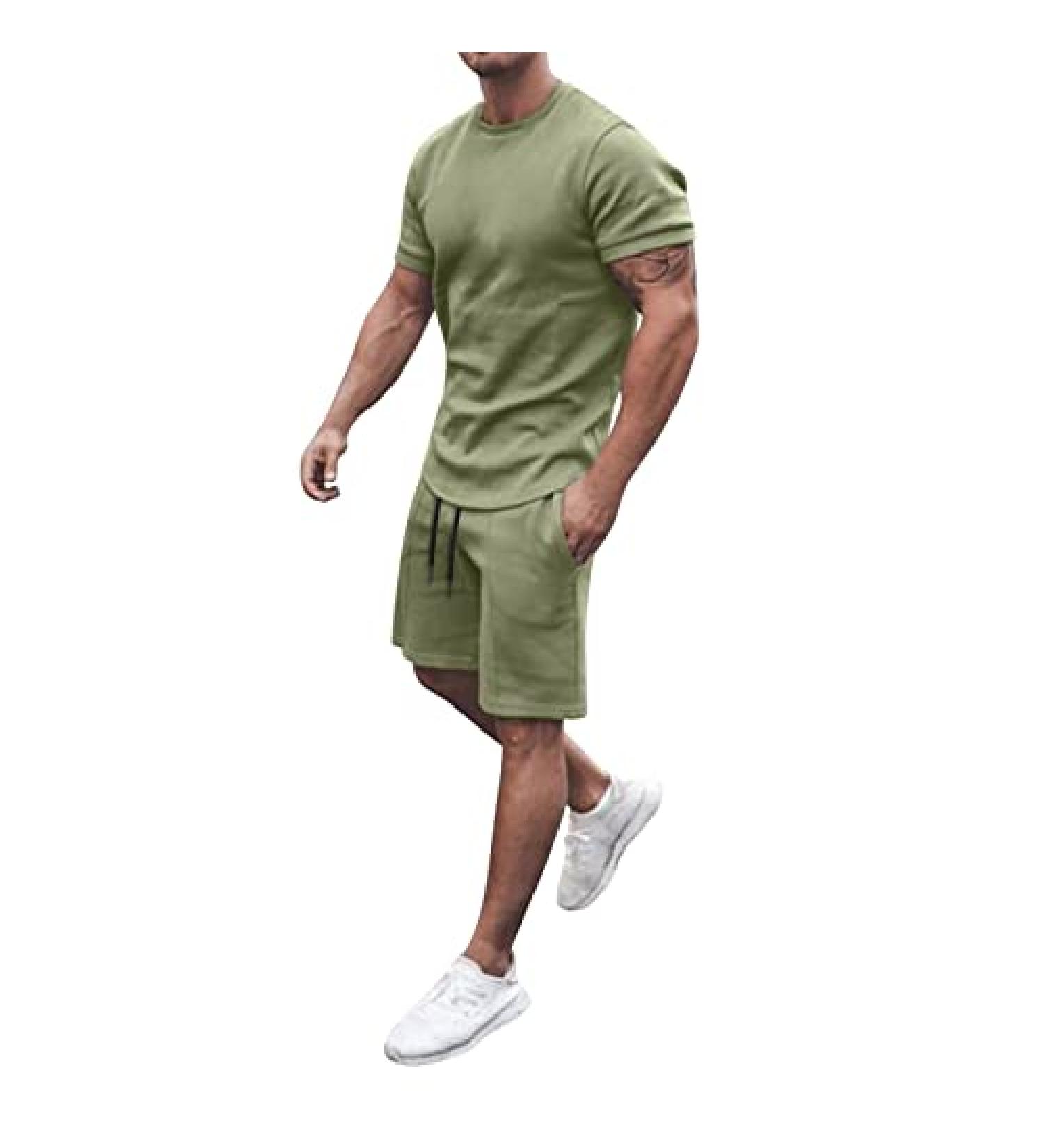 DAZLOR Men's Summer Two Piece Outfit Set - Crew Neck Short Sleeve Tee Shirt and Sport Shorts Tracksuit | Fashionable and Casual - A-green 5X-Large - Buy Online on GoSupps.com