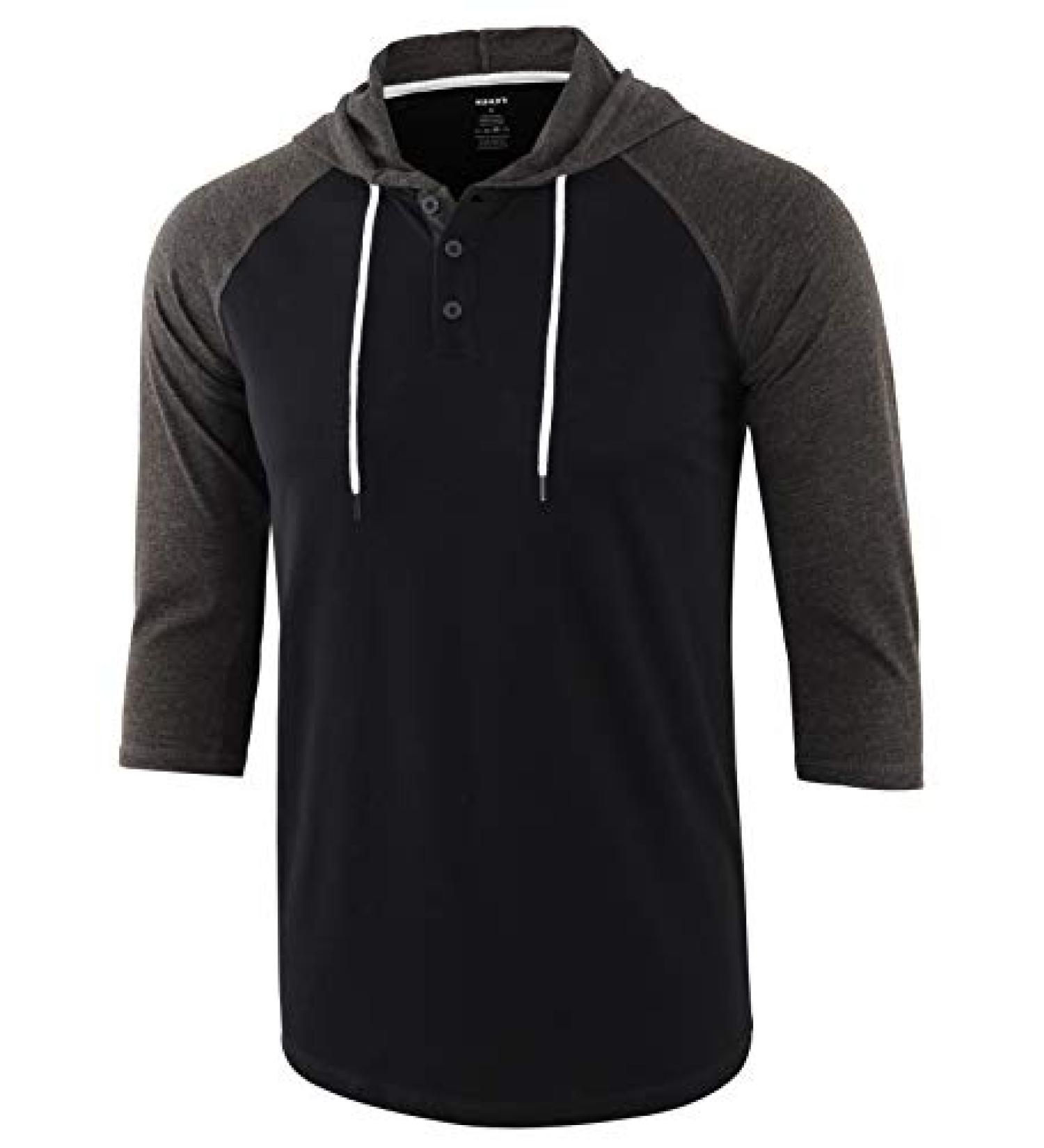 KNQR Mens Casual Raglan 3/4 Sleeve Hoodie Baseball Henley T-Shirt XL - True Black/Heather Charcoal - Buy Online on GoSupps.com