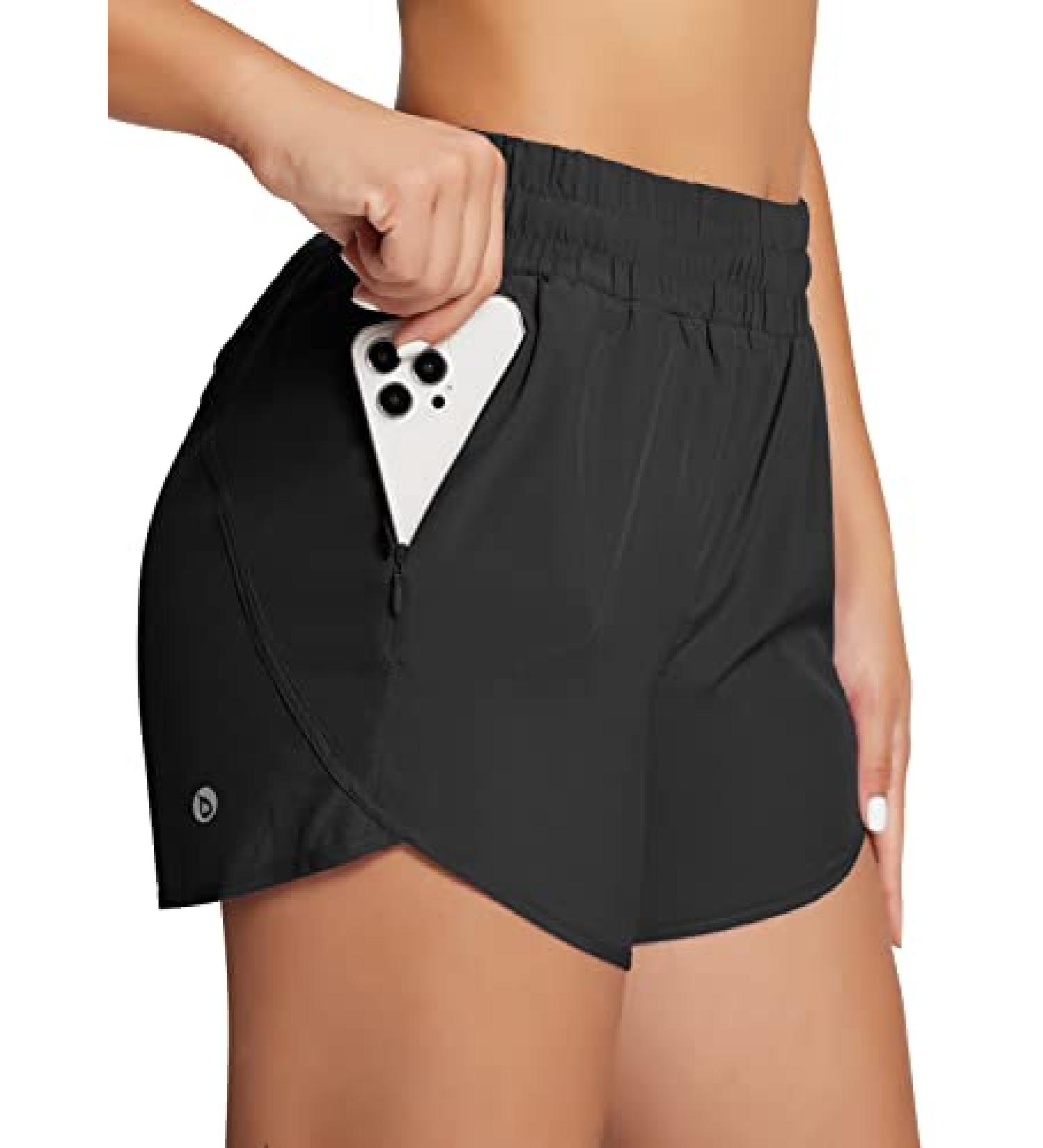 Baleaf Women's 4 Running Shorts with Zipper Pockets & Liner - Quick Dry Athletic Shorts for Workout & Gym - Black - Medium - Buy Online on GoSupps.com