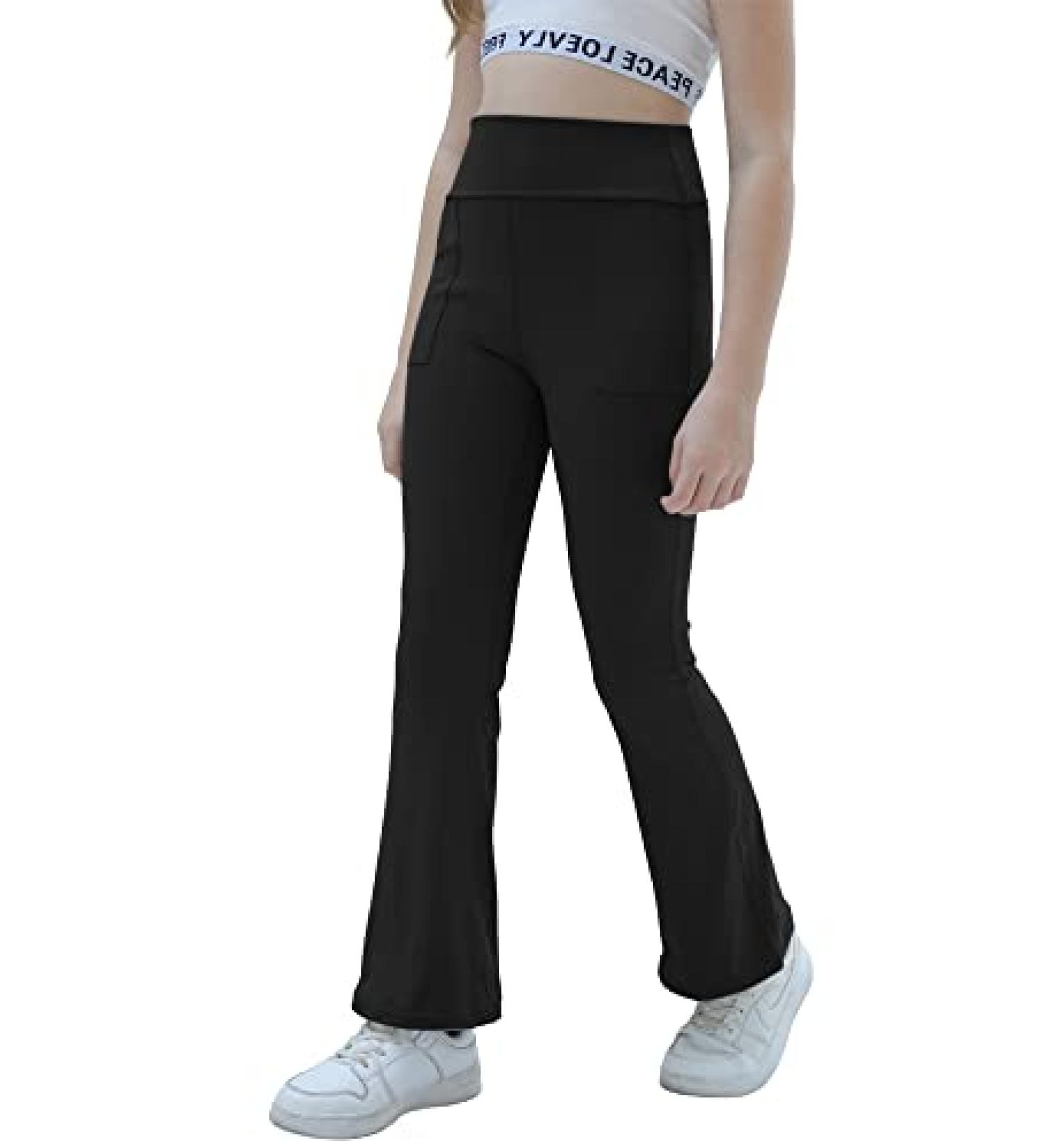 Aurgelmir Girls' Black Foldover Waist Flare Leggings with Pockets - Size 13-14 Years - Buy Online on GoSupps.com