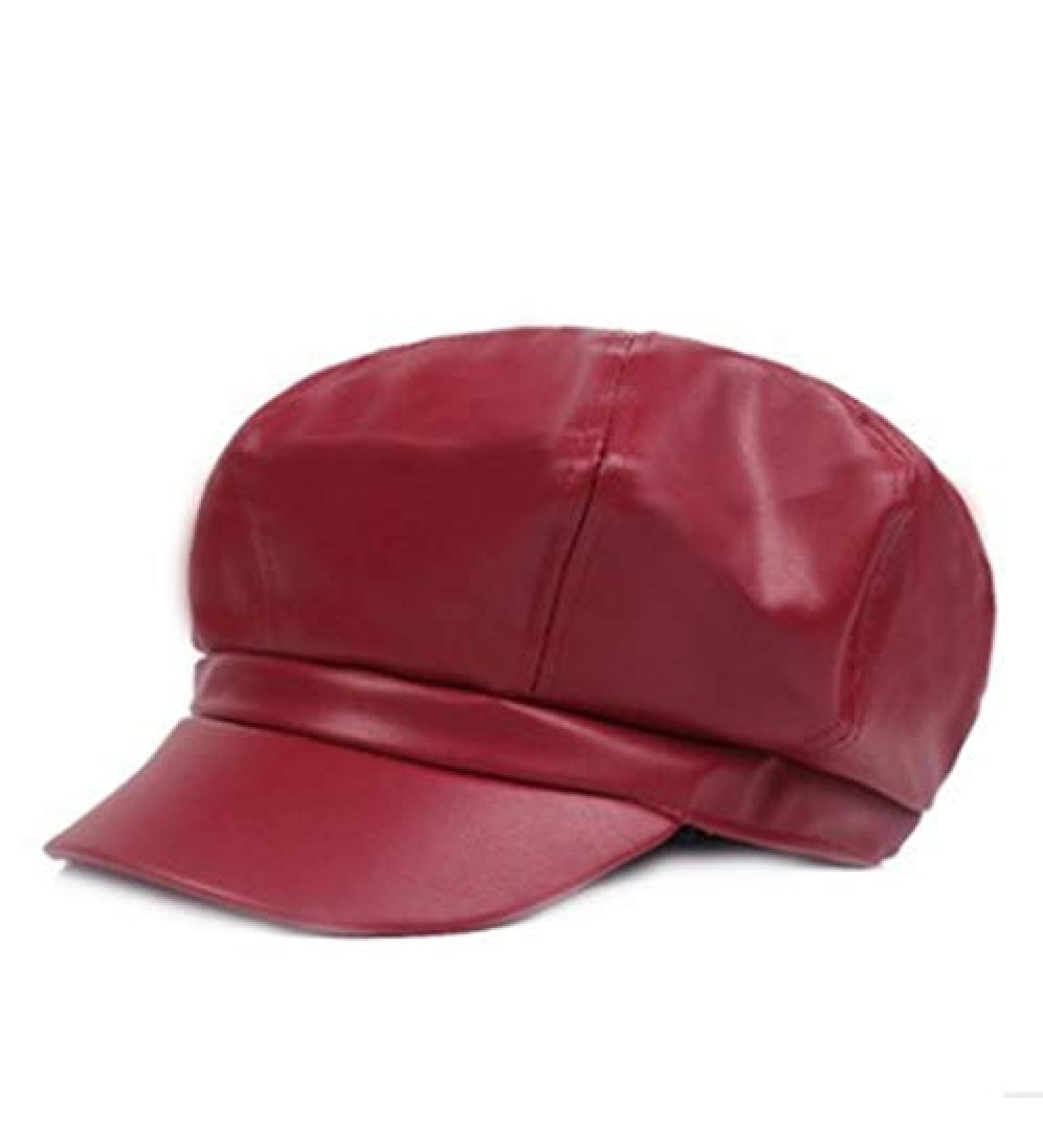 FaLasoso Women PU Leather Beret Newsboy Cap - Vintage Octagonal Flat Gatsby Driving Hat (Black/Wine Red) - Buy Online on GoSupps.com