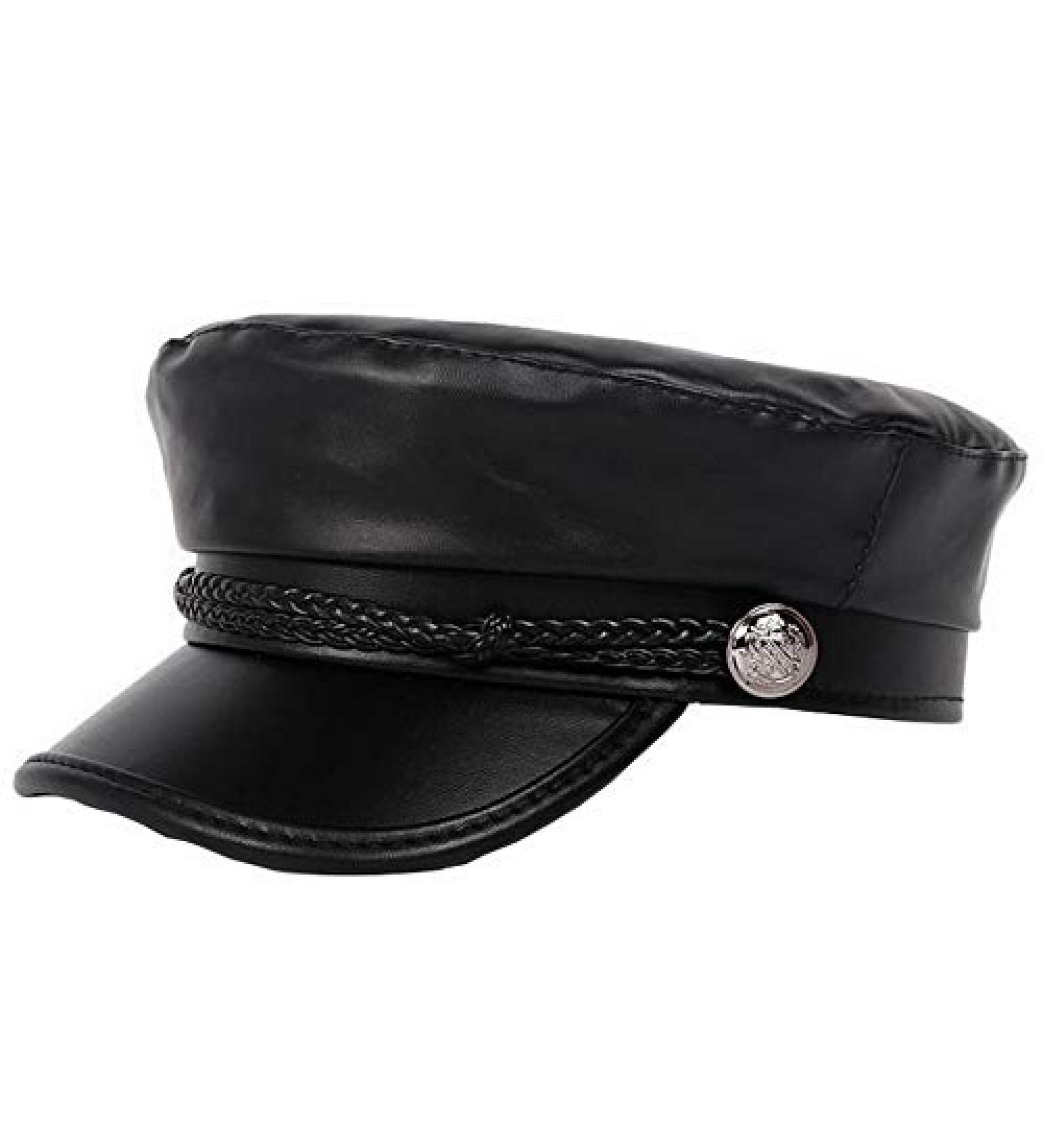 Brcus Women Yacht Captain Sailor Hat - Black PU Newsboy Cap