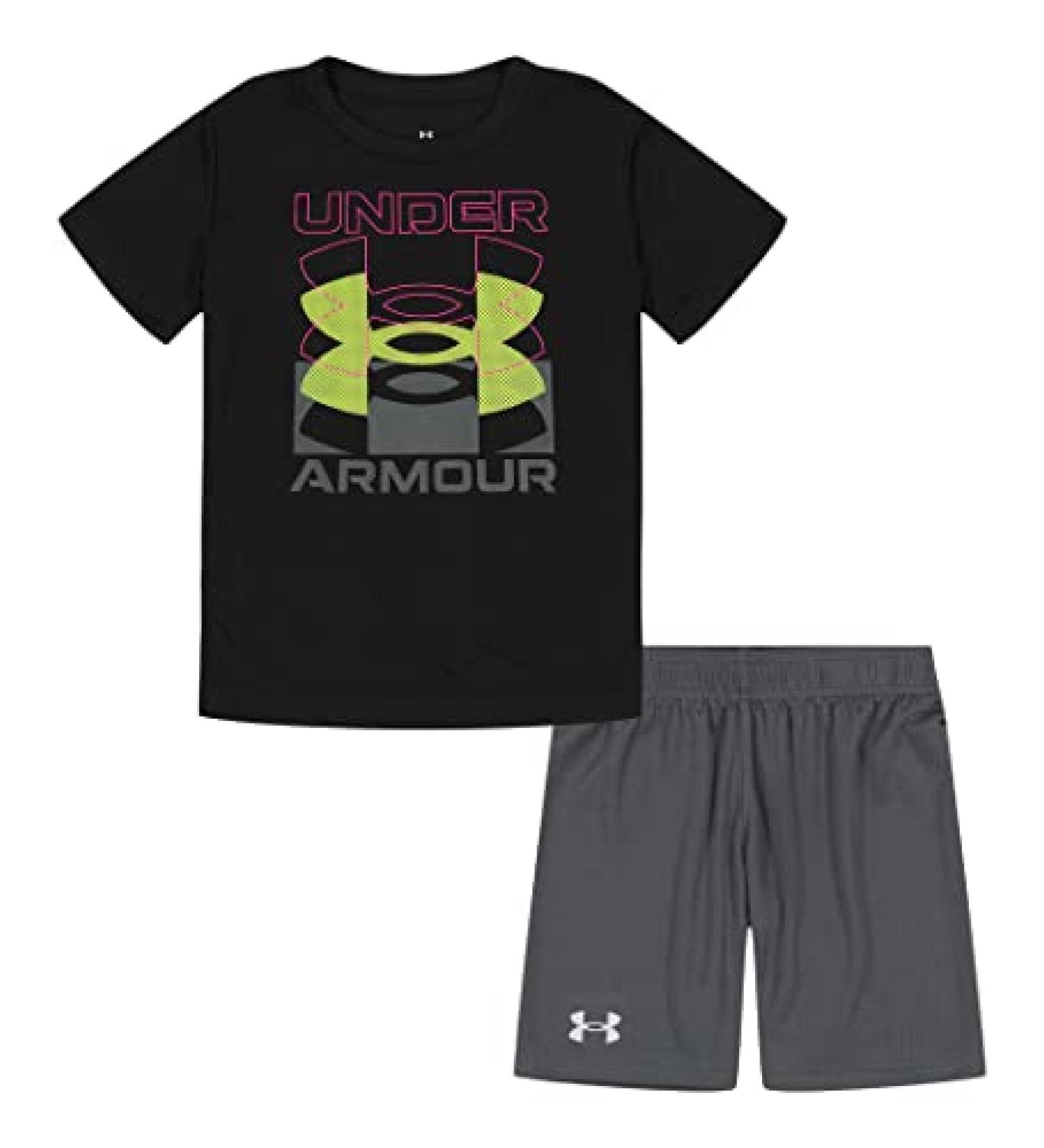 Under Armour Boys Sleeve Tee Set, Lightweight Breathable T-Shirt And Short Set, Black Infinite, 4T US