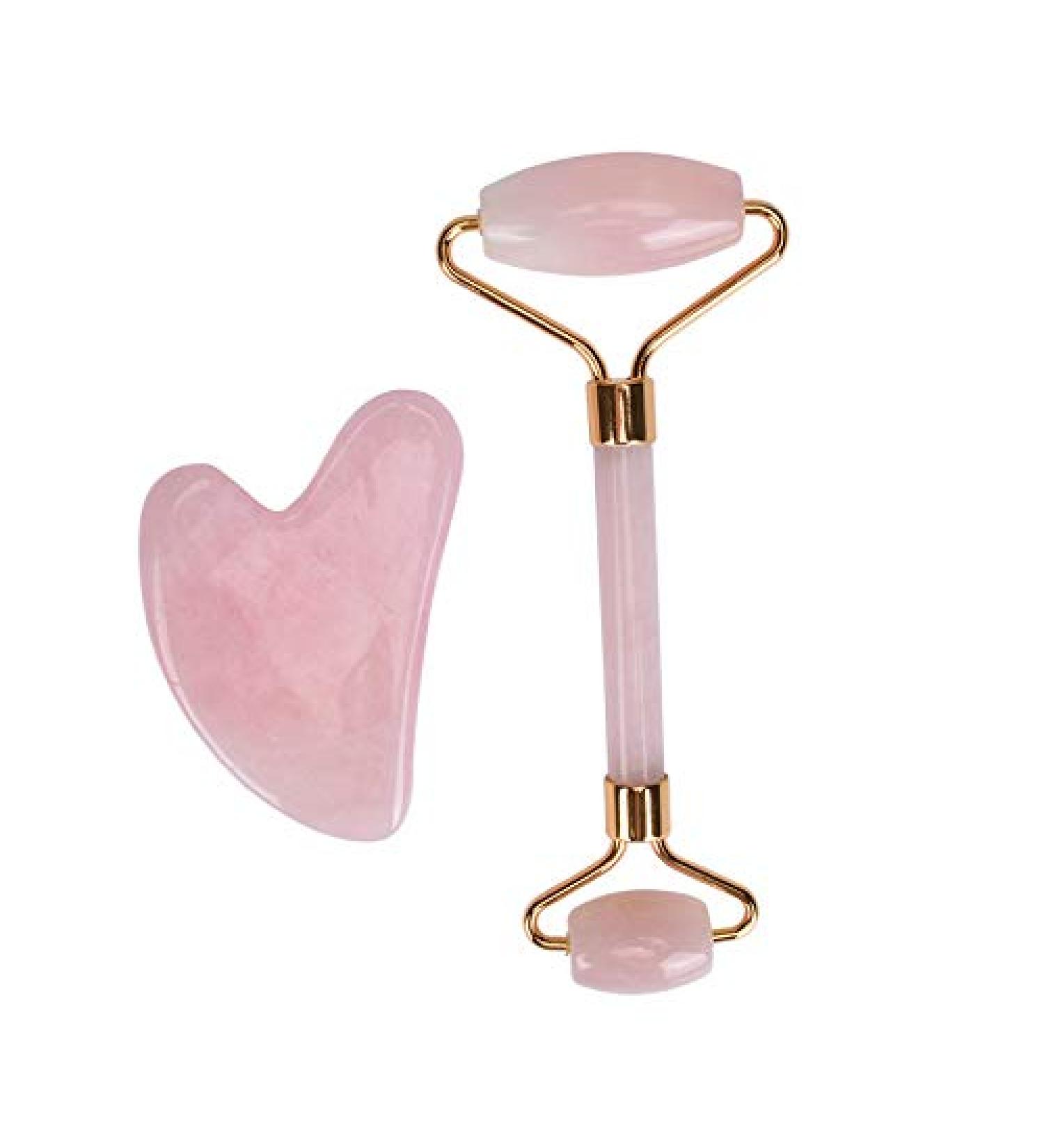 Jade Roller & Gua Sha Set | Pink Face Roller & Gua Sha Tools for Skin Care & Puffiness Relief - Buy Online on GoSupps.com