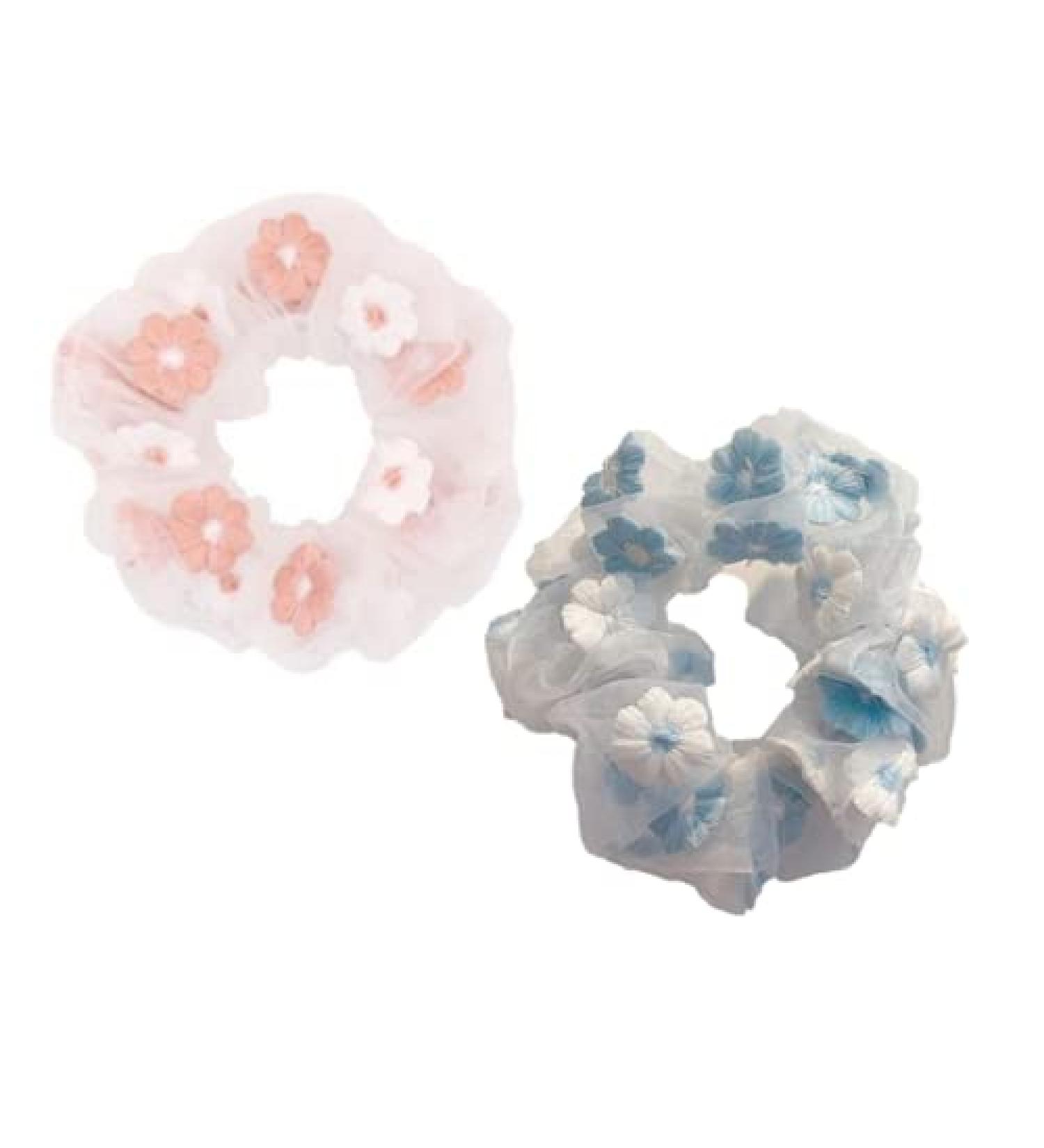 KDDOM 2 PCS Embroidery Tulle Flower Hair Scrunchie Set - Vintage Hair Loop for Girls and Women (Pink Blue) - Buy Online on GoSupps.com