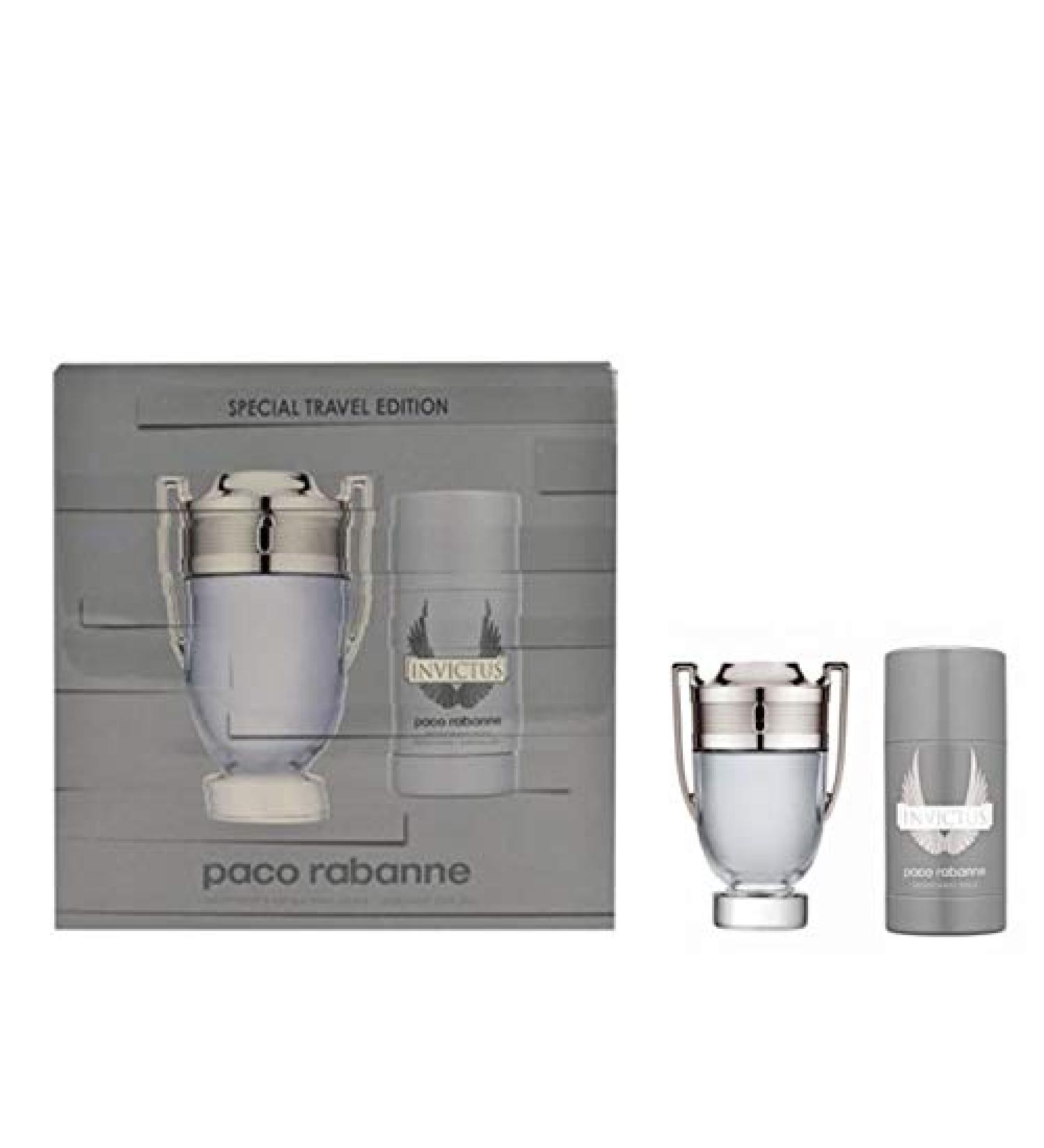 Paco Rabanne Invictus Men 2 pcs travel set 3.4 oz EDT Spray & 2.5 oz Deodorant Stick Alcohol Free