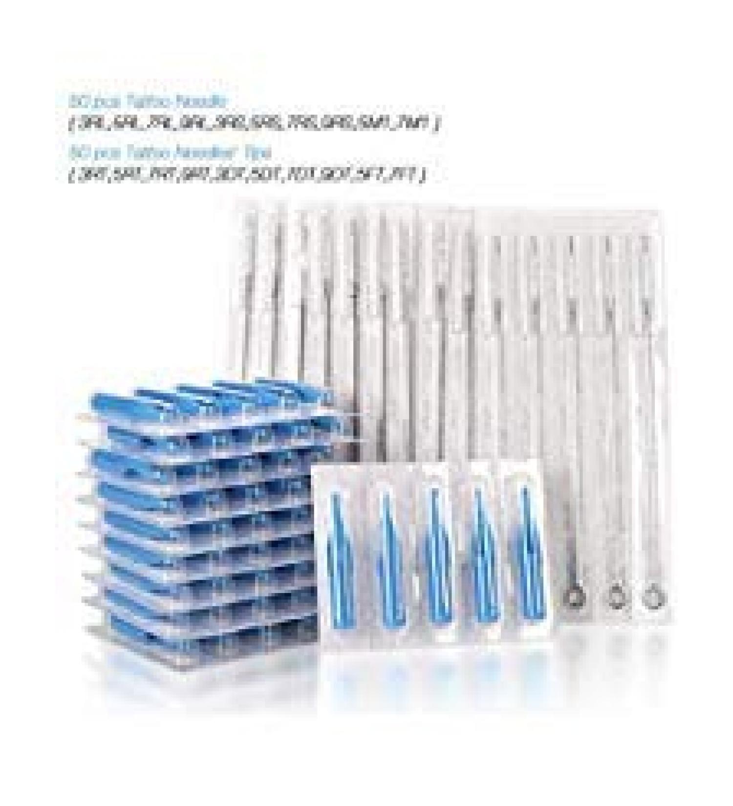 Tattoo Needles & Tips Set, ATOMUS 50pcs Disposable Mixed Tattoo Needles + 50pcs Assorted Tattoo Needles Tips, 5pcs of each-3rl 5rl 7rl 9rl 3rs 5rs 7rs 9rs 5m1 7m1 3RT 5RT 7RT 9RT 3DT 5DT