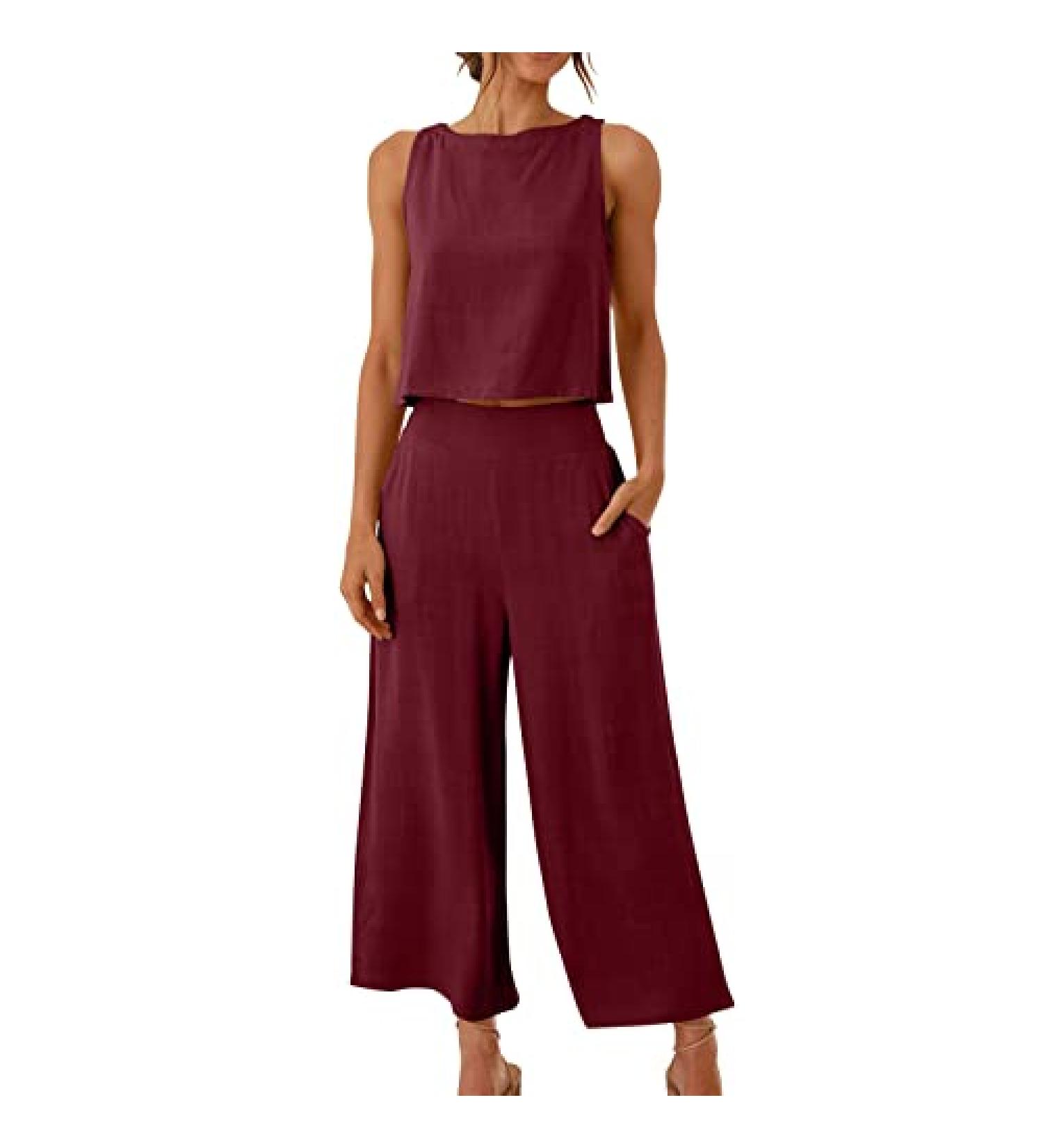 Women's Linen Two Piece Set - Crop Tank Top & Wide Leg Pants - Watermelon Red - Size Medium - Buy Online on GoSupps.com