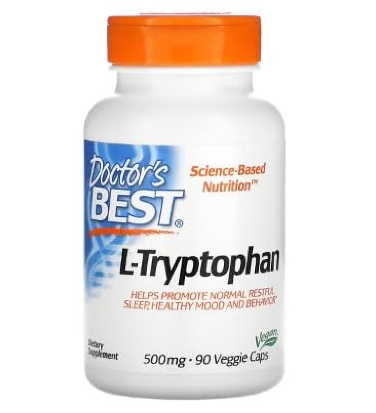 Doctor's Best L-Tryptophan with TryptoPure 500mg - 90 Vegetable Capsules - Support for Sleep and Mental Health - Buy Online on GoSupps.com