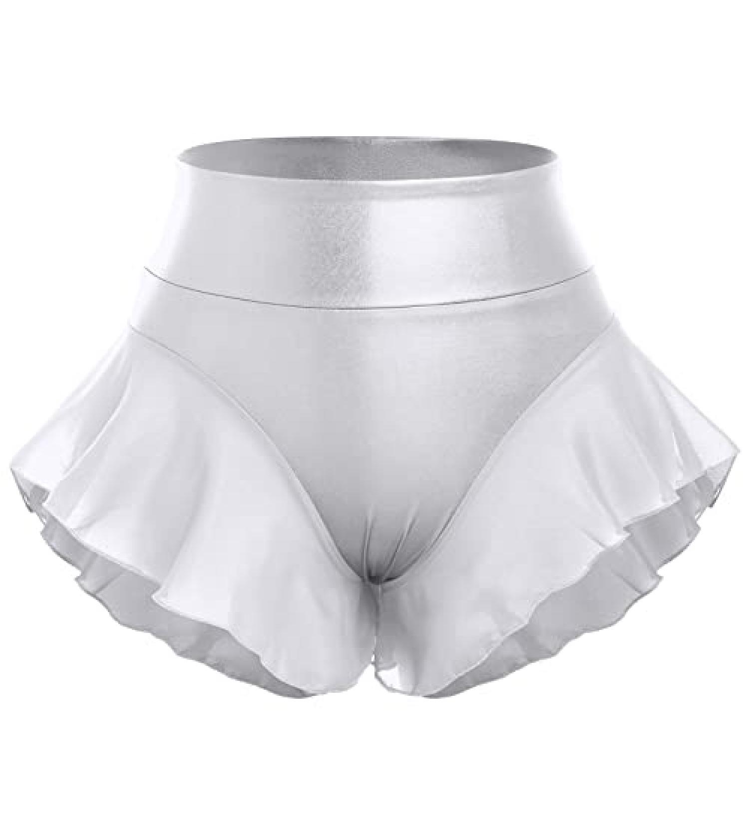 Women's Shiny Ruffle Dance Booty Shorts - High Waist Metallic Mini Hot Pants for Stage, Pole Dance, Yoga - Large Silver - Buy Online on GoSupps.com